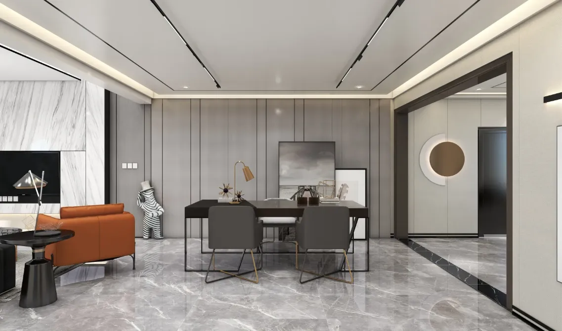 Modern study area with black desk, grey chairs, orange sofa, marble floor, and wall panels