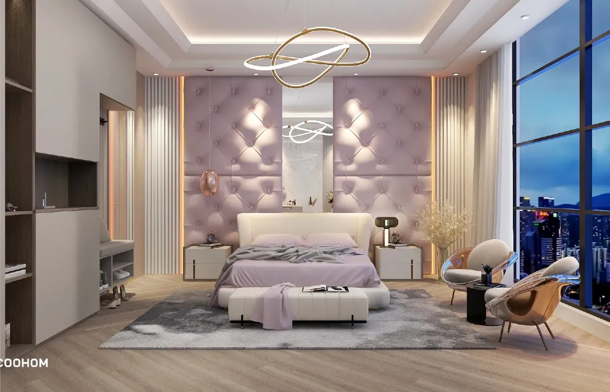 Modern bedroom with purple bed pink wall panels gold ceiling light night city view windows