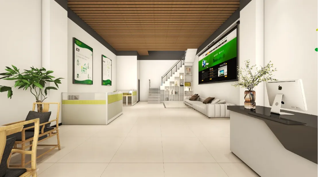 Modern office reception area with wooden ceiling, white sofa, stairs, large screen, and white desk