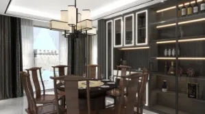Modern dining room with wooden table, chairs, large glass cabinet, curtain, and black ceiling light
