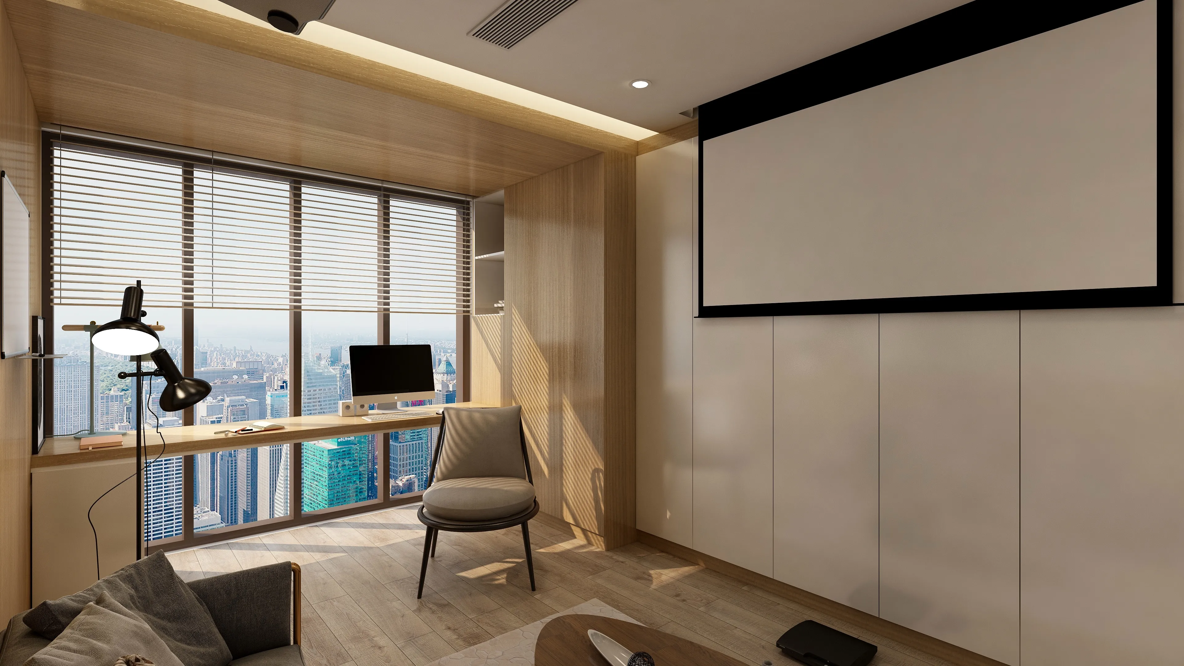 Modern interior design drawing with wooden desk city view large window projector screen and comfortable chair