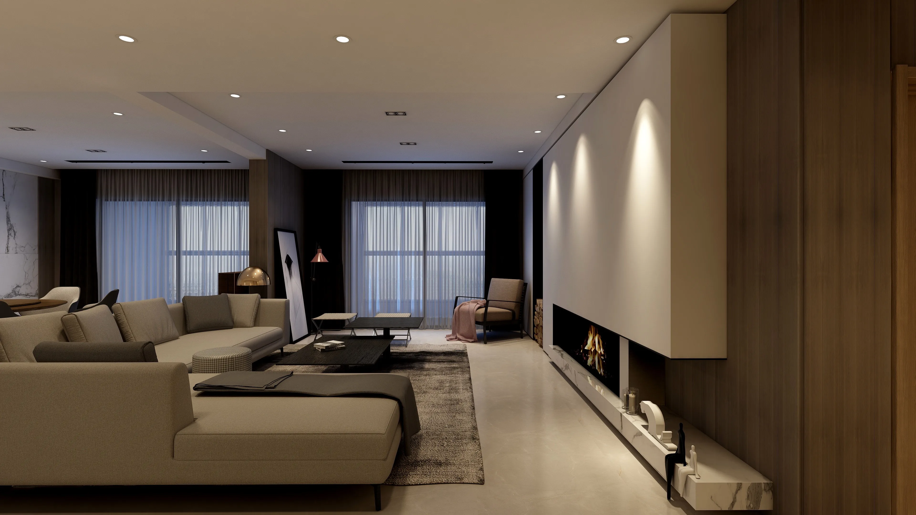 Modern living room with grey sofa, electric fireplace, wood wall panels, ceiling lights, and curtains