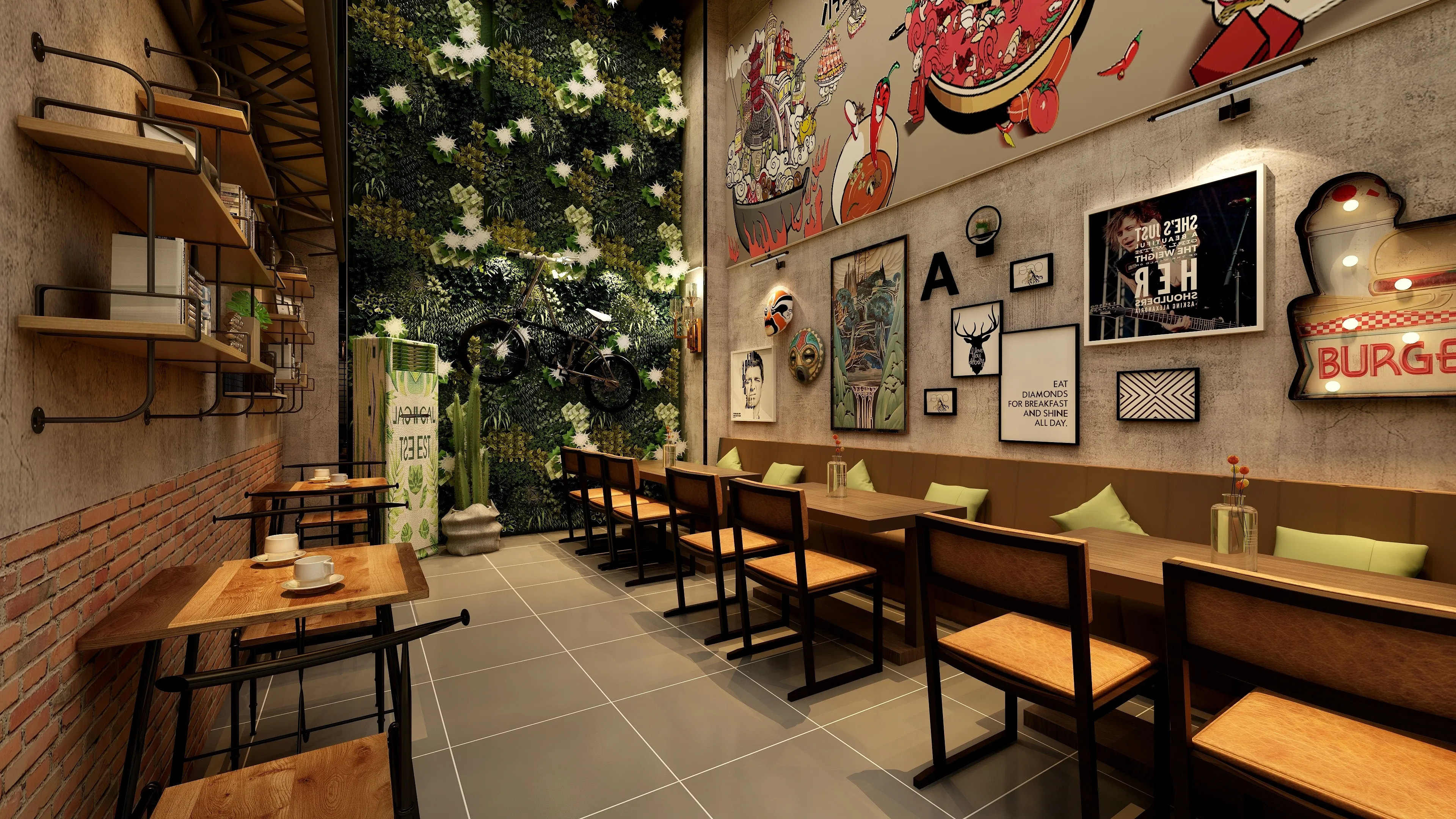 Modern restaurant with wooden furniture, brick wall, green plant wall, and many creative wall decorations