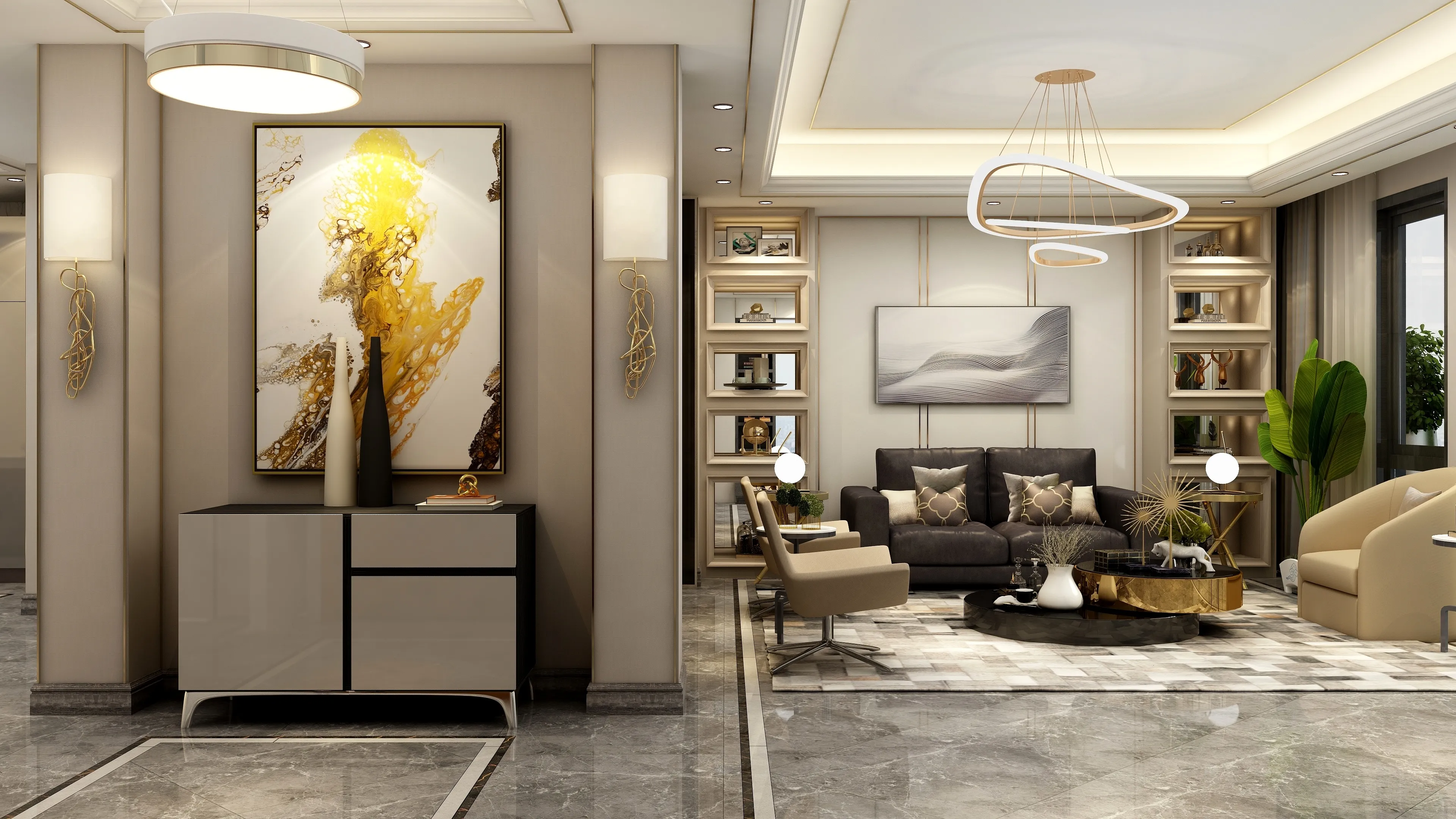 Modern living room with black sofa, beige chairs, gold painting, cabinet, and bright ceiling lights