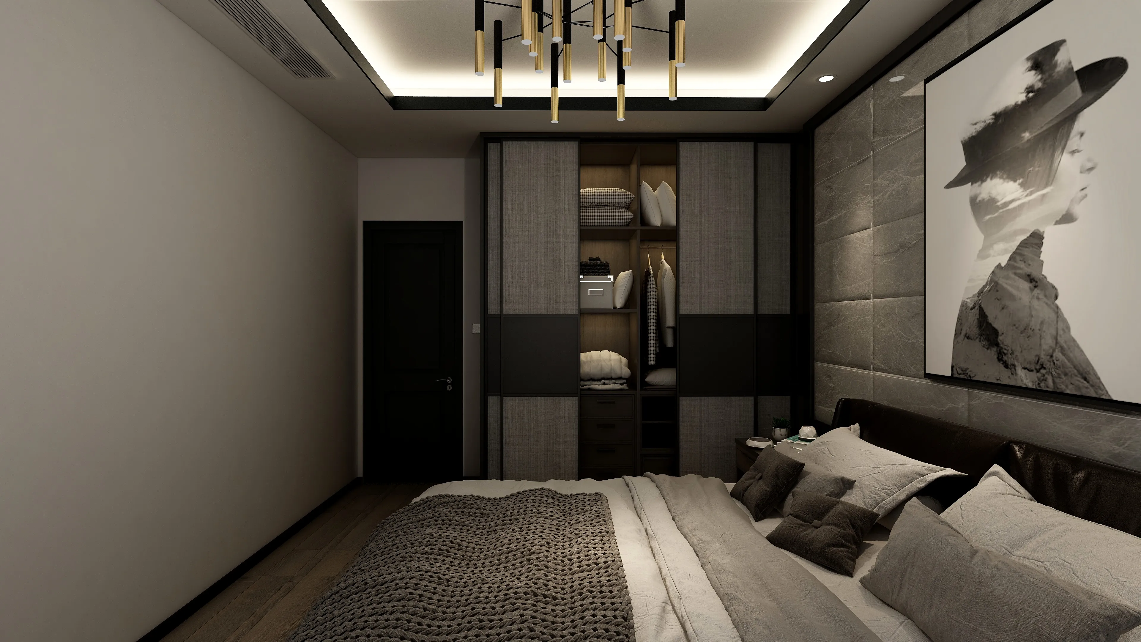 Modern dark bedroom with grey bed, large wardrobe, wall panel, ceiling light, and wall art