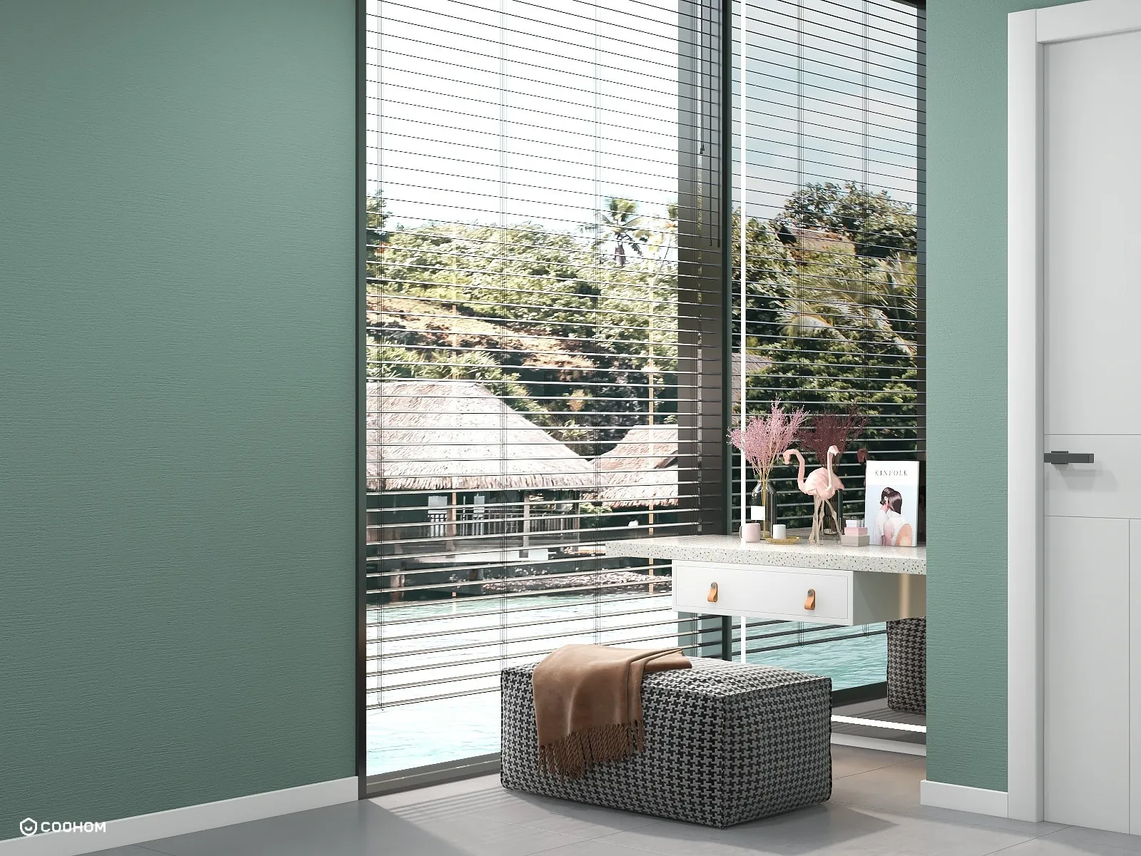 Green wall interior with large window blinds white desk decor and a grey patterned footrest