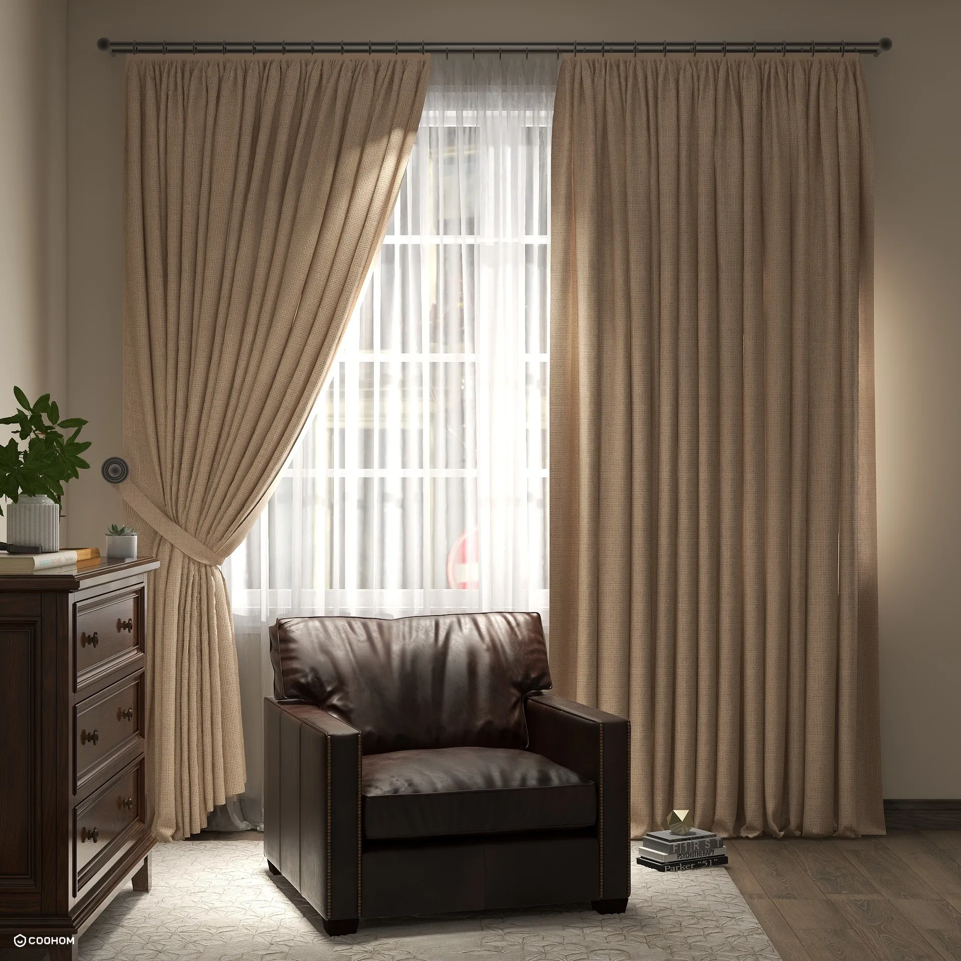 Brown leather armchair placed near a wooden cabinet and large window with long beige curtains