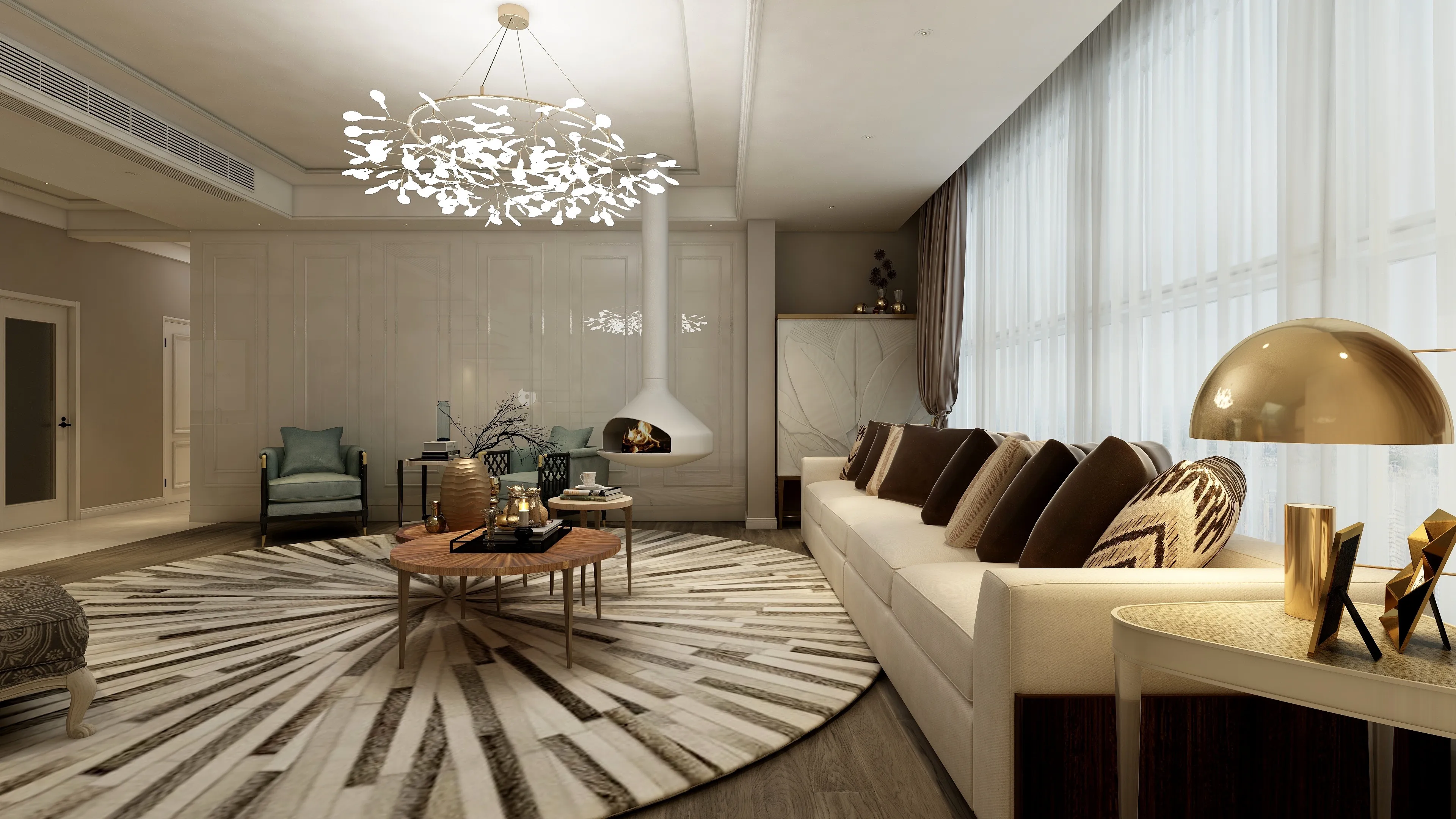 Modern living room with white sofa, round rug, coffee table, white fireplace, and ceiling light