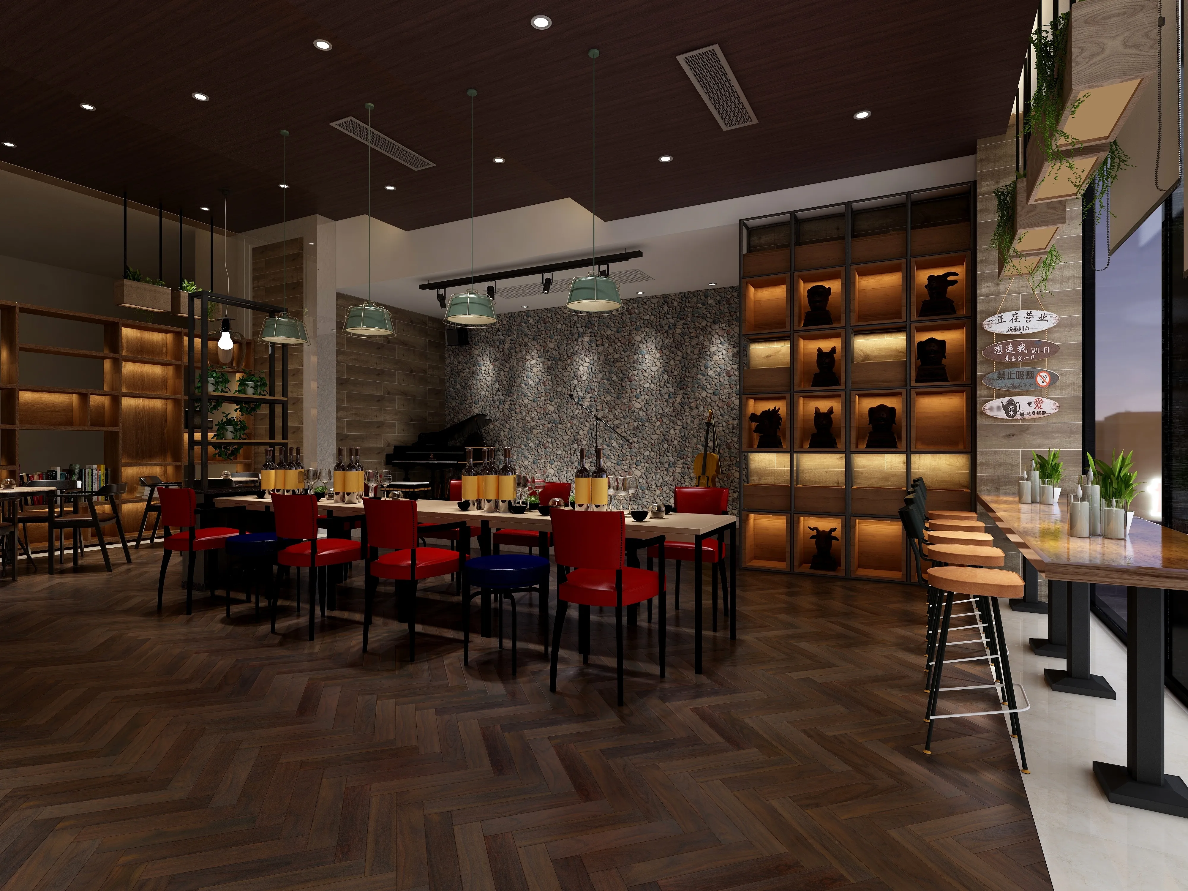 Modern restaurant interior featuring red chairs, long table, stone wall, bar stools, and wood floor