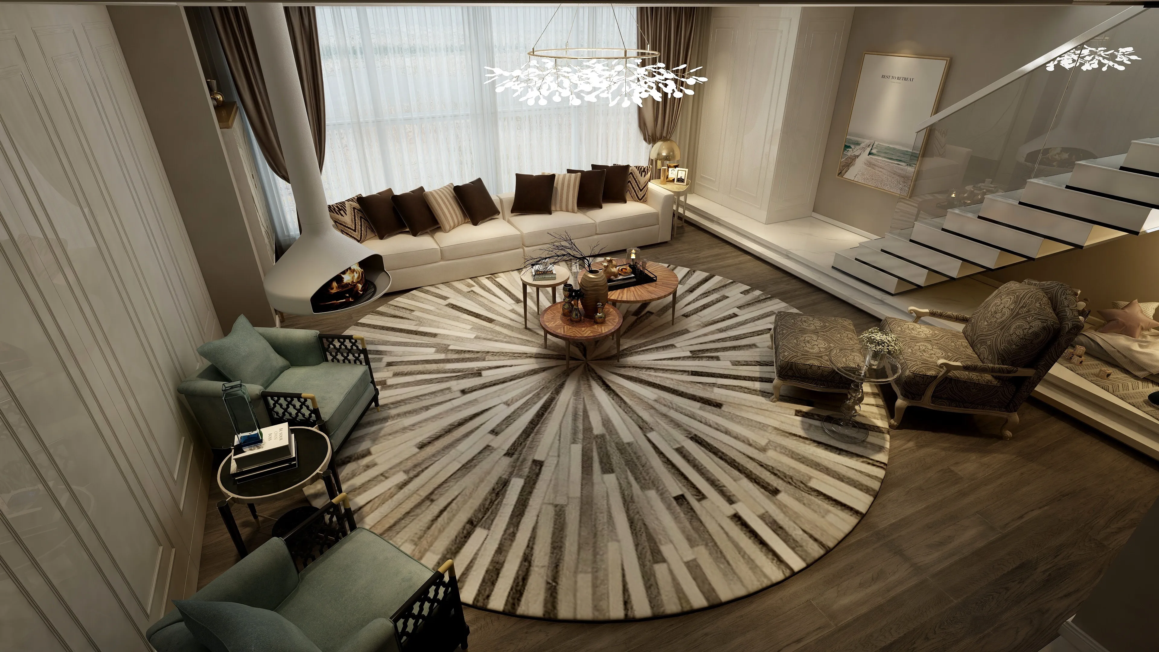 Spacious living room featuring white sofa green armchairs round striped rug fireplace and ceiling light