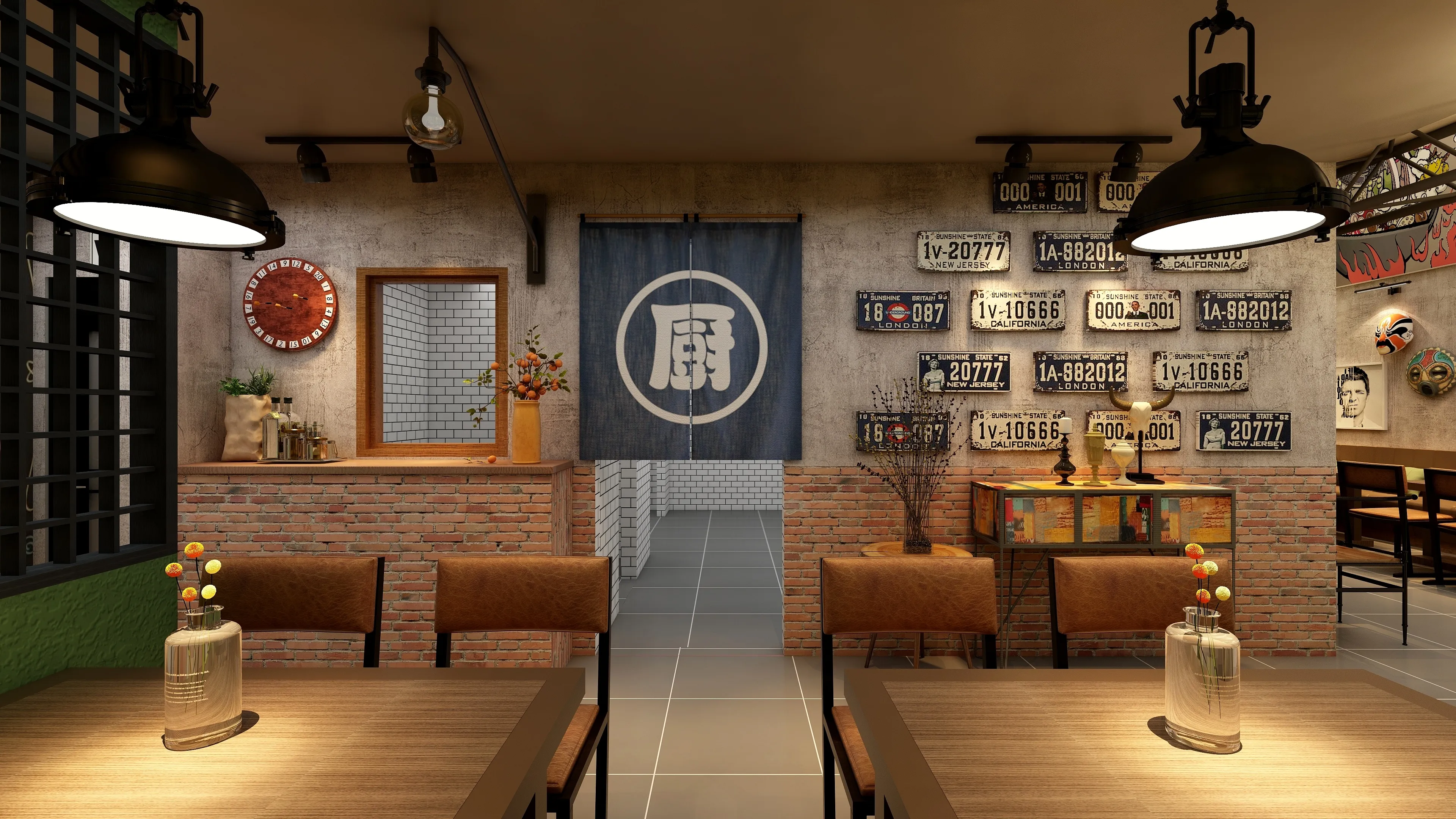 Industrial restaurant design drawing with wooden tables brick walls leather chairs and black ceiling lights