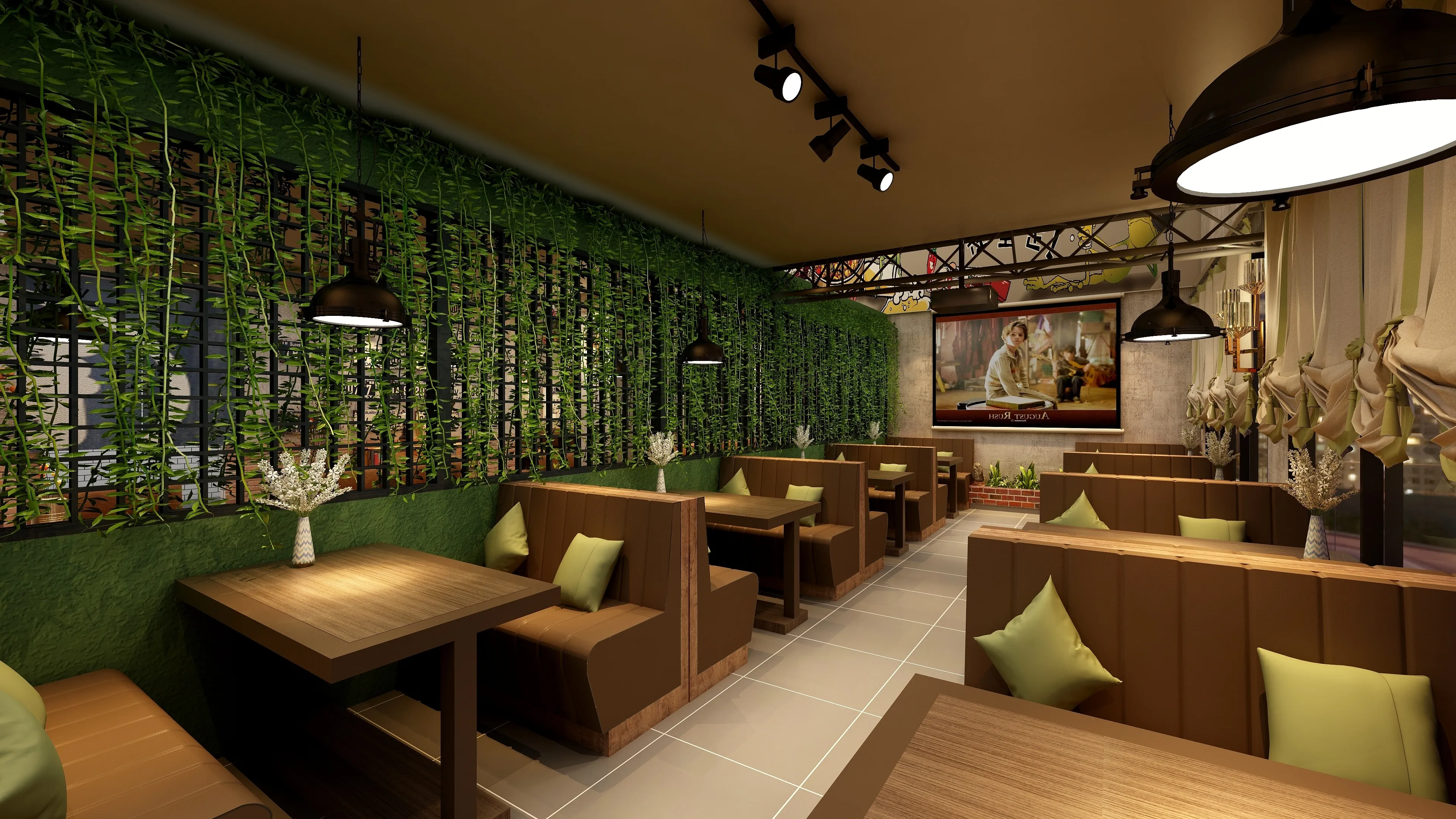 Cozy restaurant with wooden tables brown booth seating green wall plants and black ceiling light
