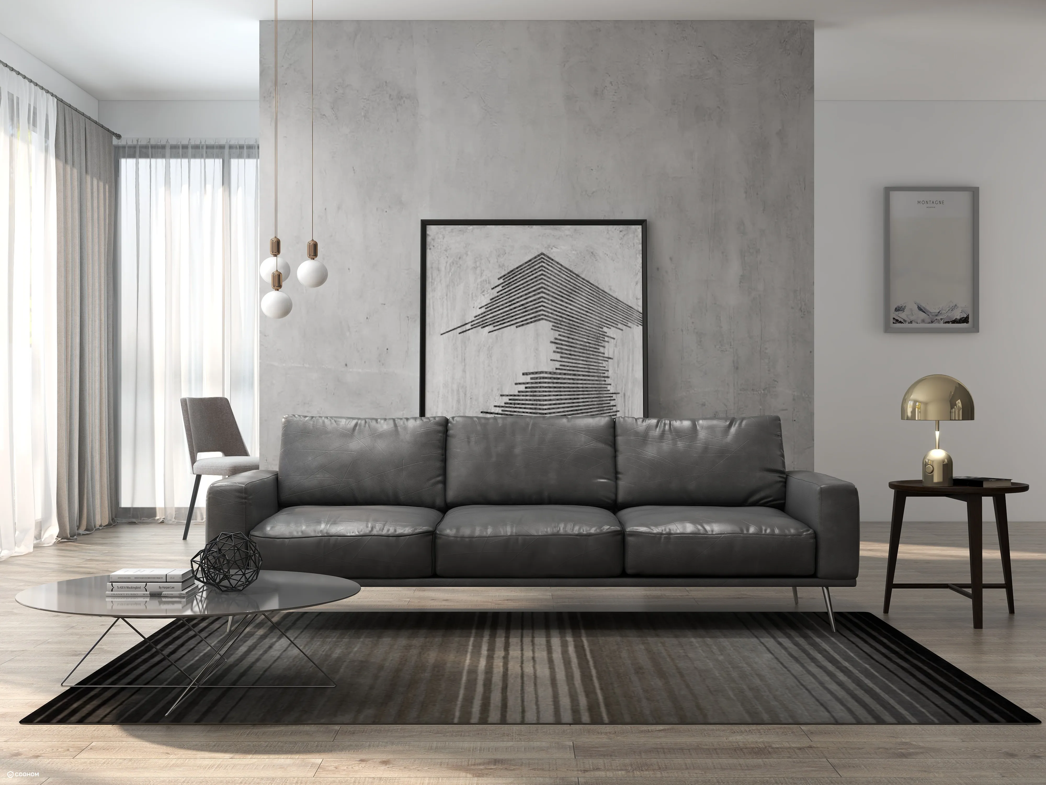 Modern living room with grey sofa, striped rug, concrete wall, large painting, and ceiling lights