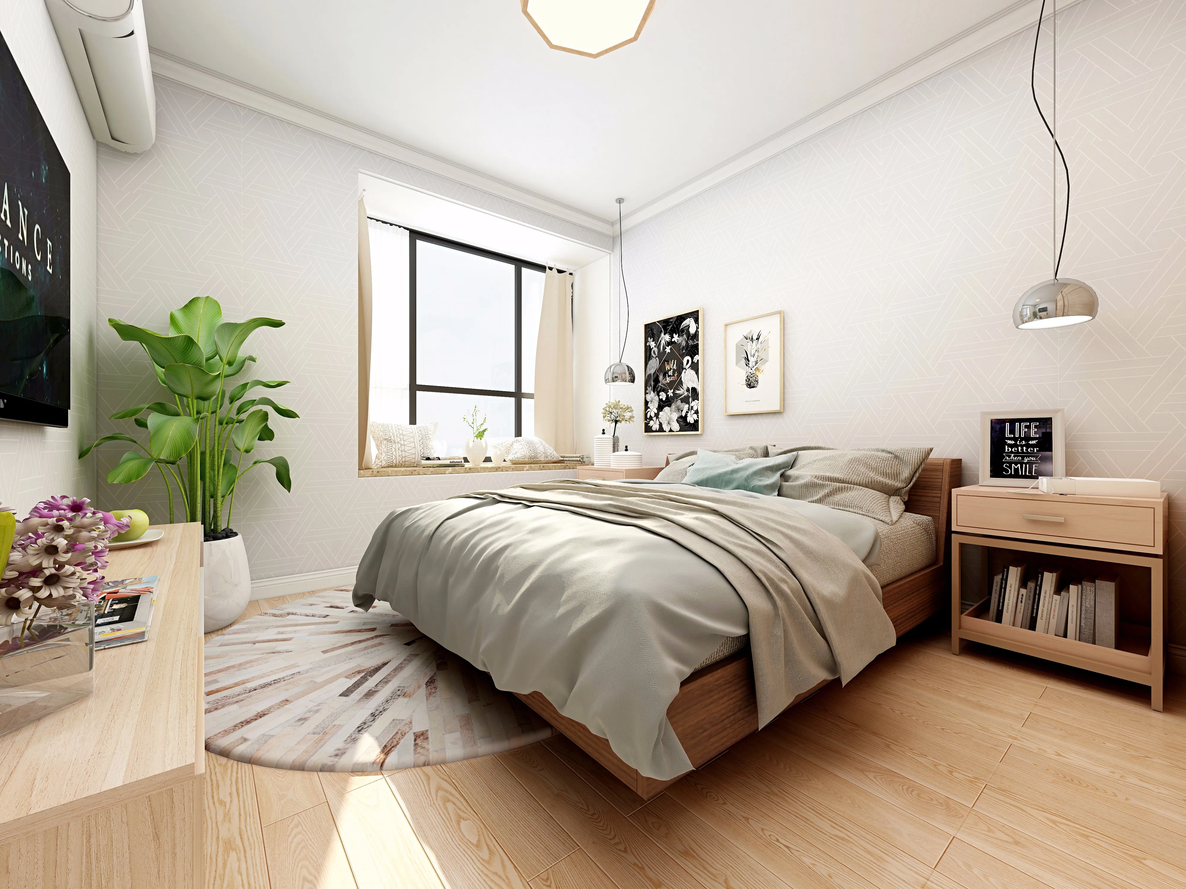 Modern bedroom interior design drawing with wooden bed grey bedding round rug and large plant