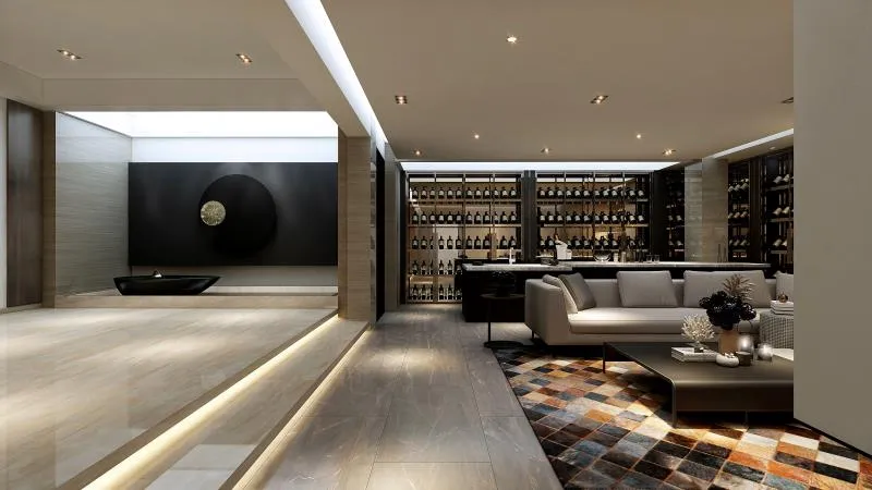 Modern living room interior design drawing with grey sofa coffee table rug and wine cabinet