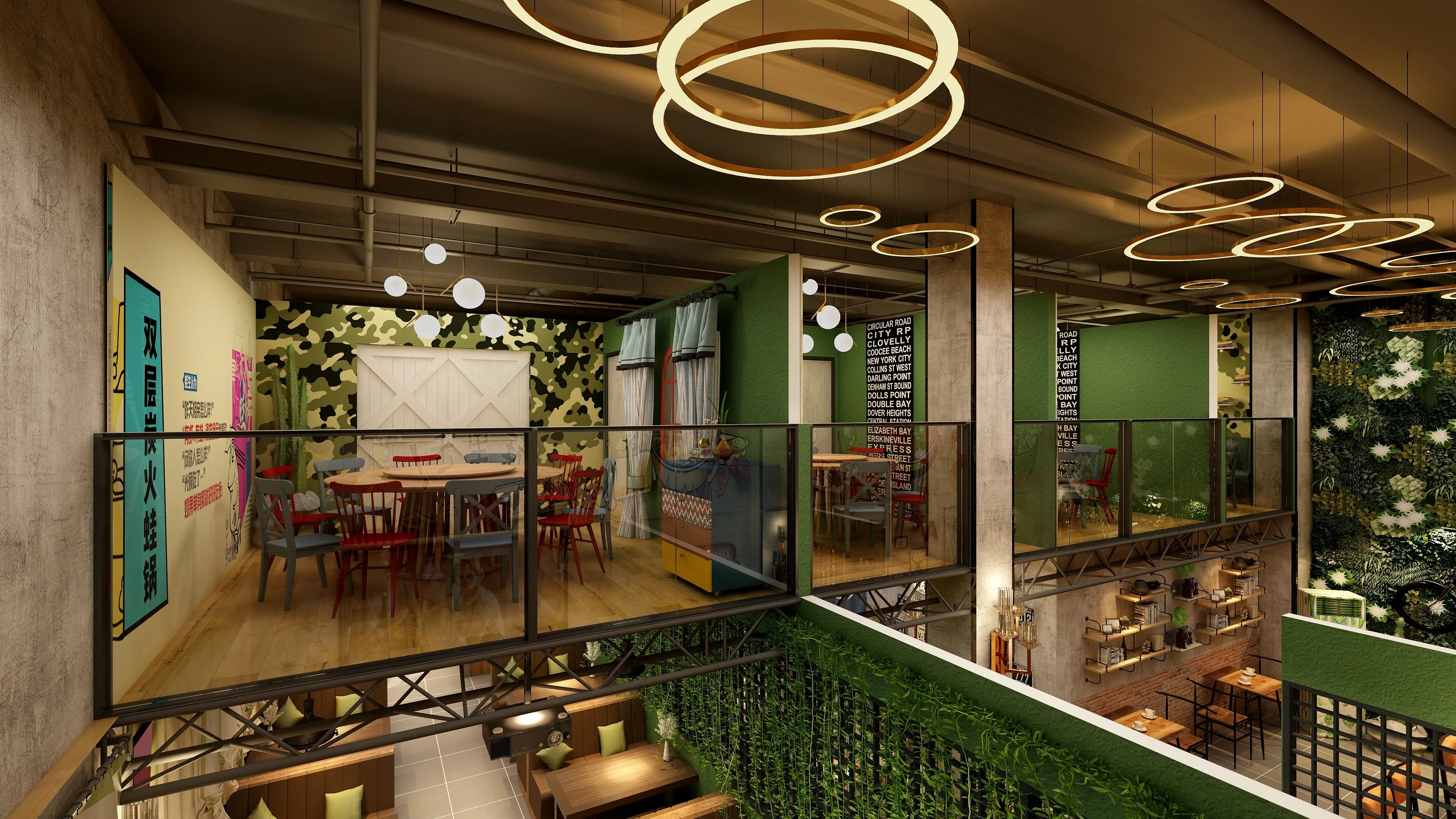 Industrial restaurant interior design drawing with round wooden tables red chairs and circular ceiling lights