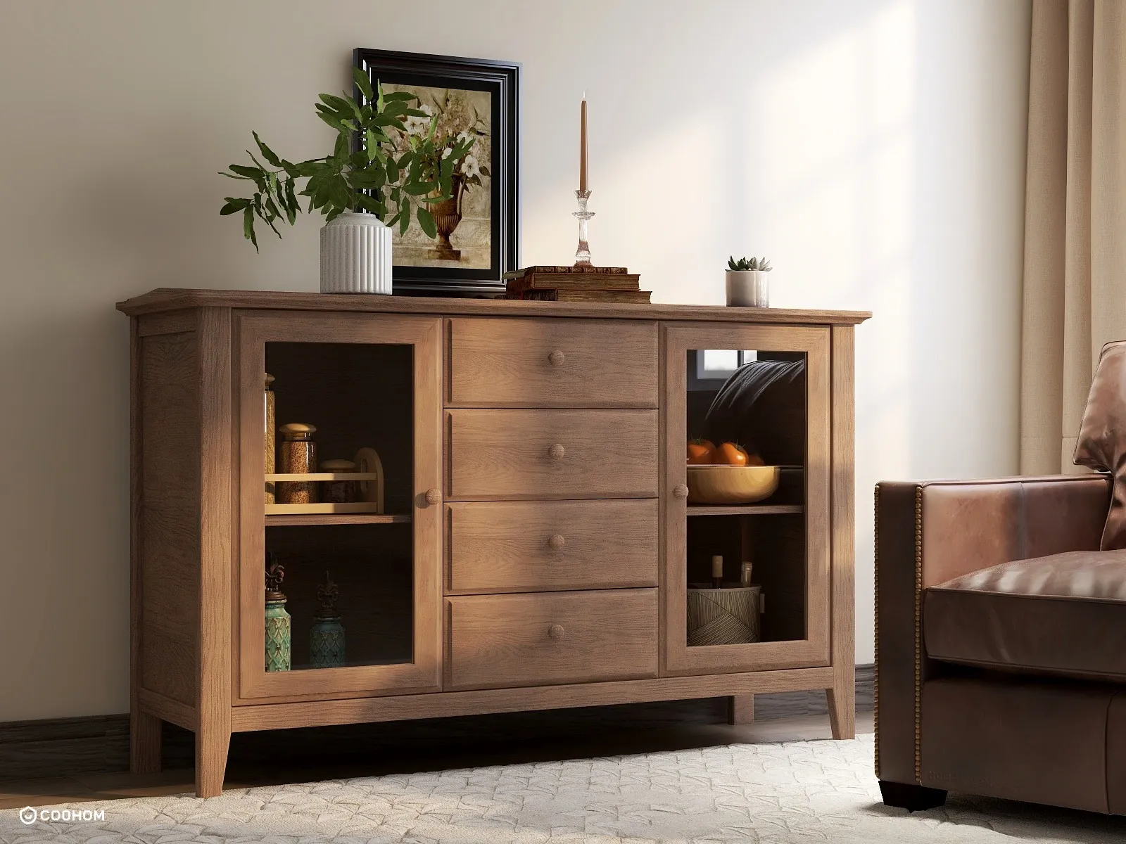 Wooden cabinet with glass doors and drawers featuring a green plant and a framed picture
