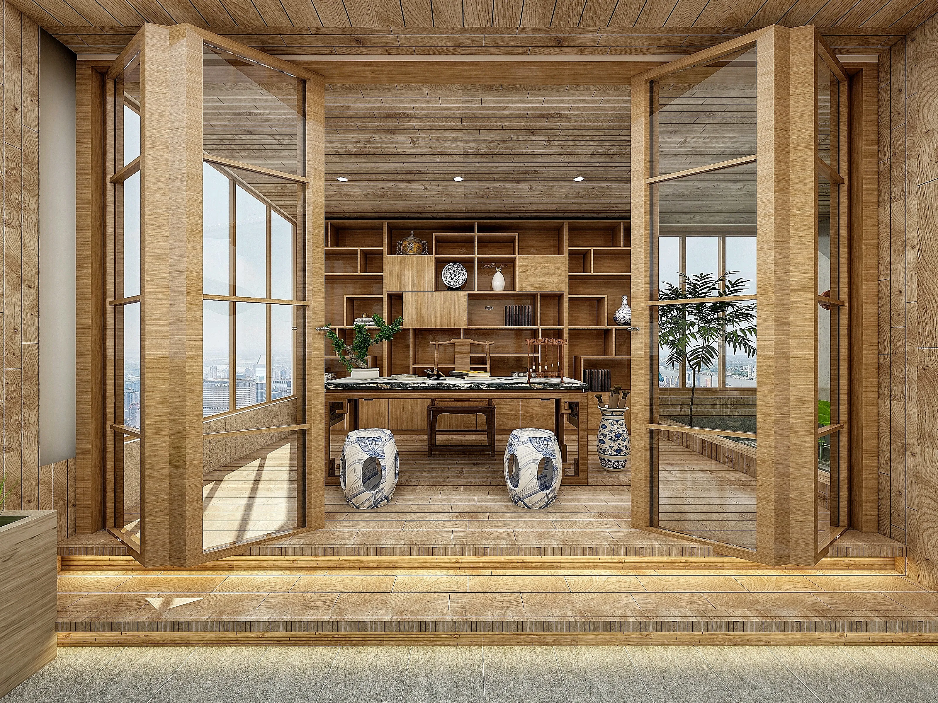 Modern wooden study room with open folding glass doors large bookshelf desk and city view