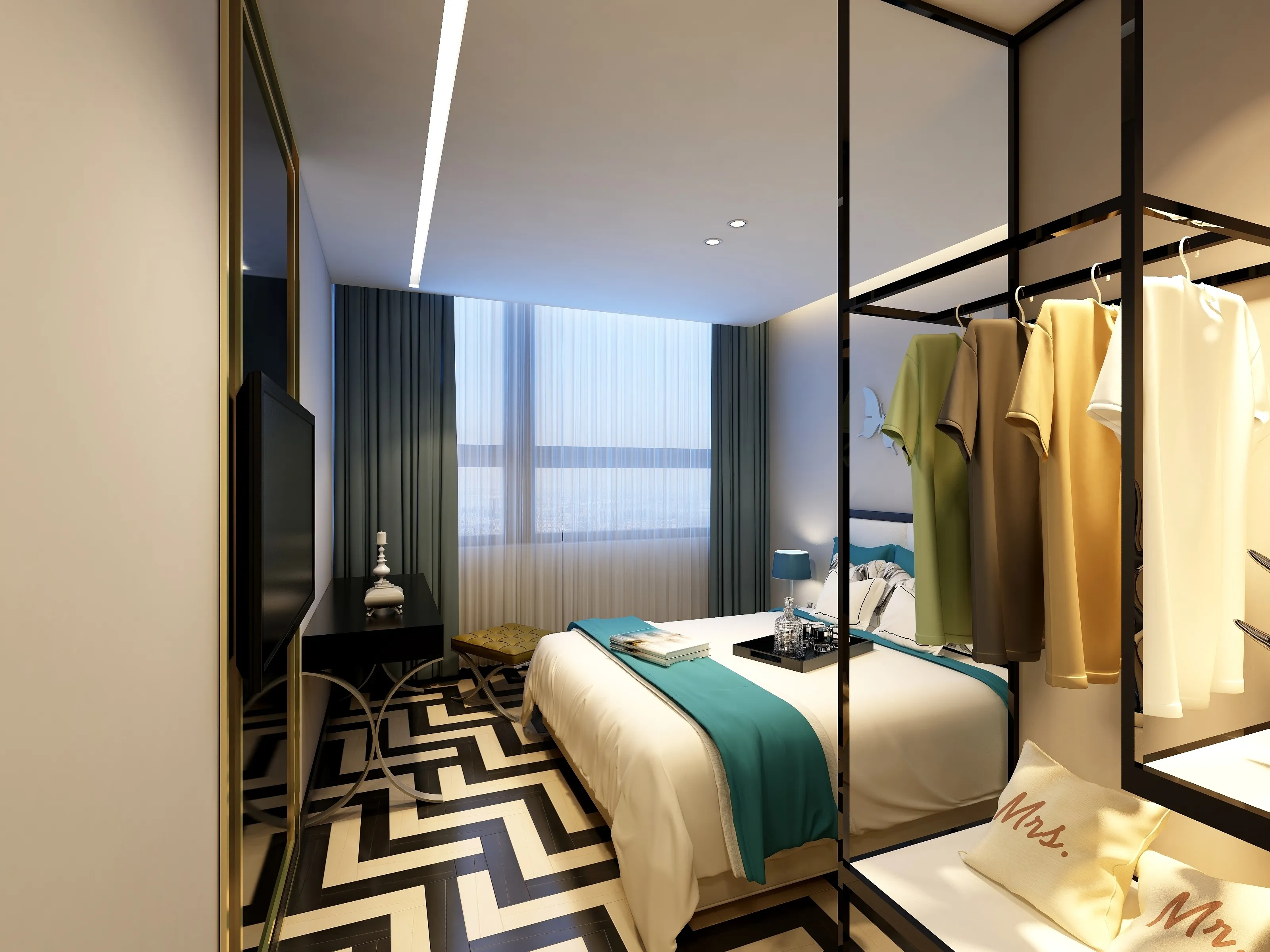 Modern bedroom featuring white bed, blue details, patterned floor, black desk, and open clothing rack