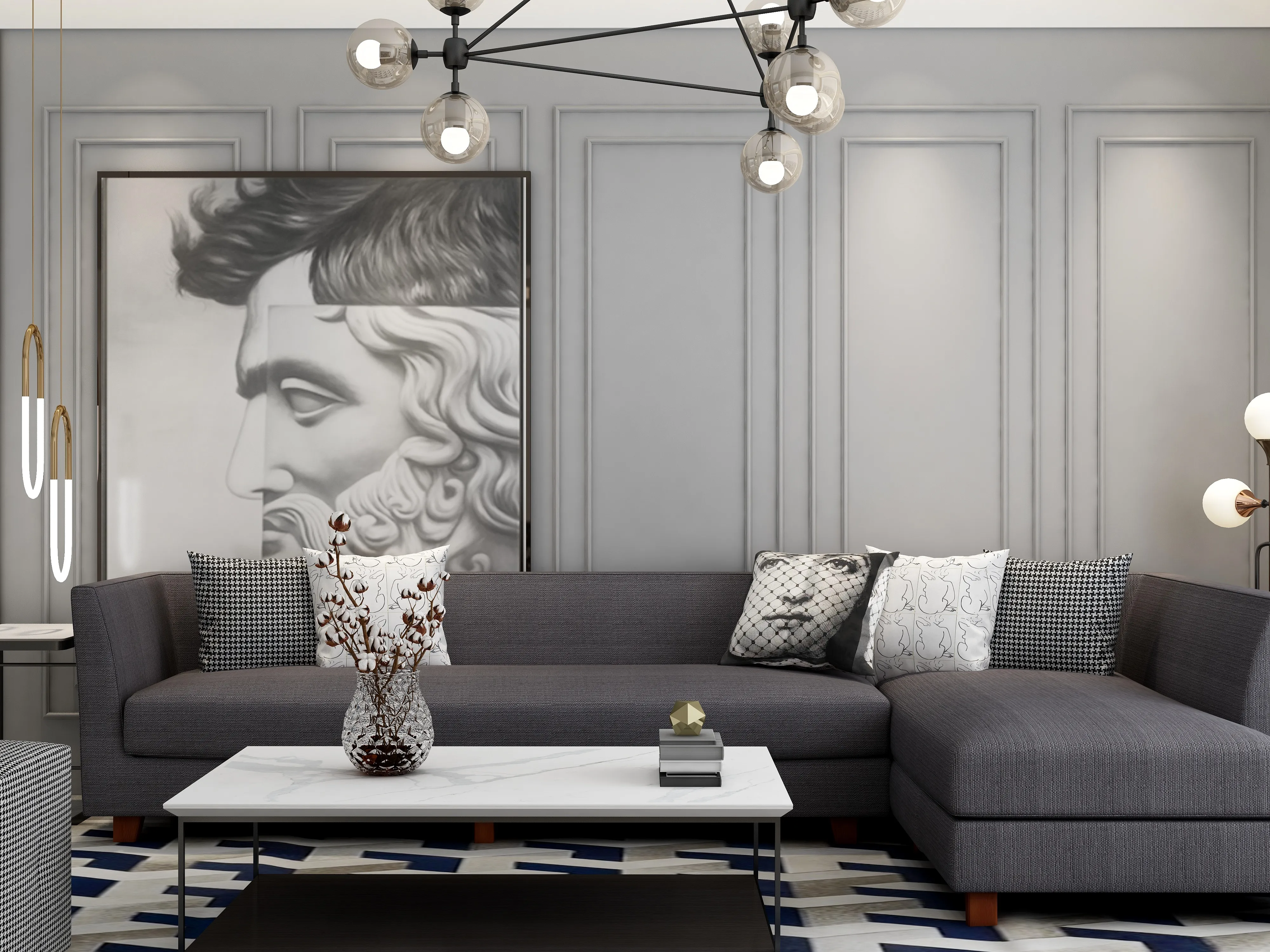 Modern living room with grey sofa marble coffee table wall panel ceiling light large artwork