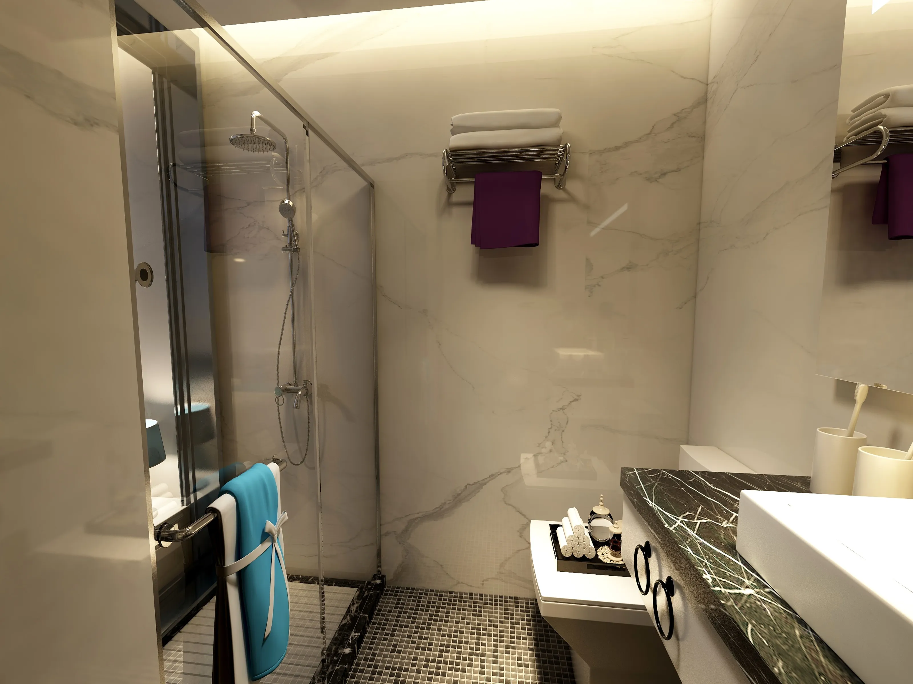 Modern bathroom interior design drawing with glass shower marble walls white sink and purple towel
