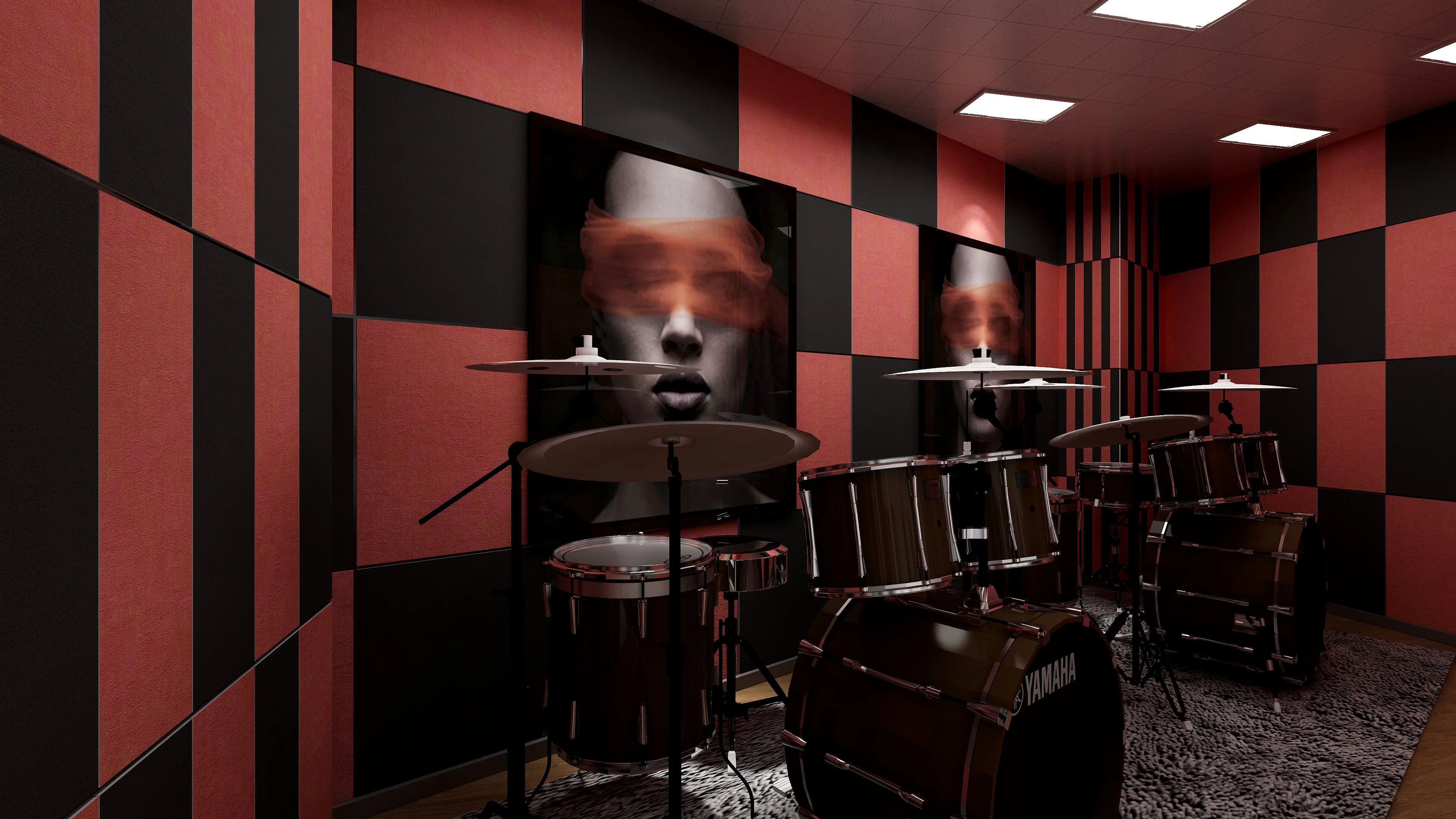 Yamaha drum set in music room with red and black wall panels and large posters
