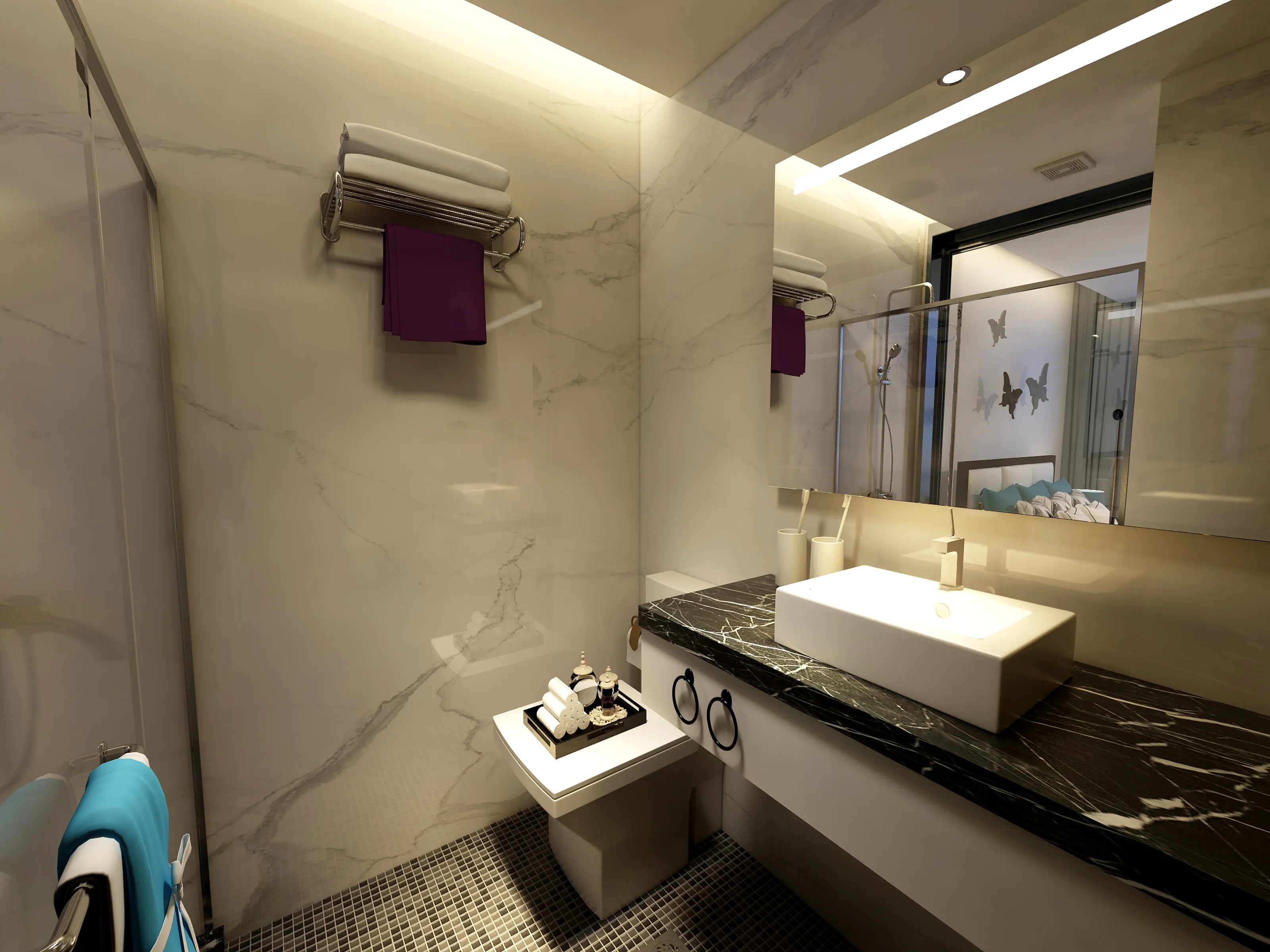 Modern bathroom with white sink black marble countertop wall mirror toilet and mosaic floor tiles
