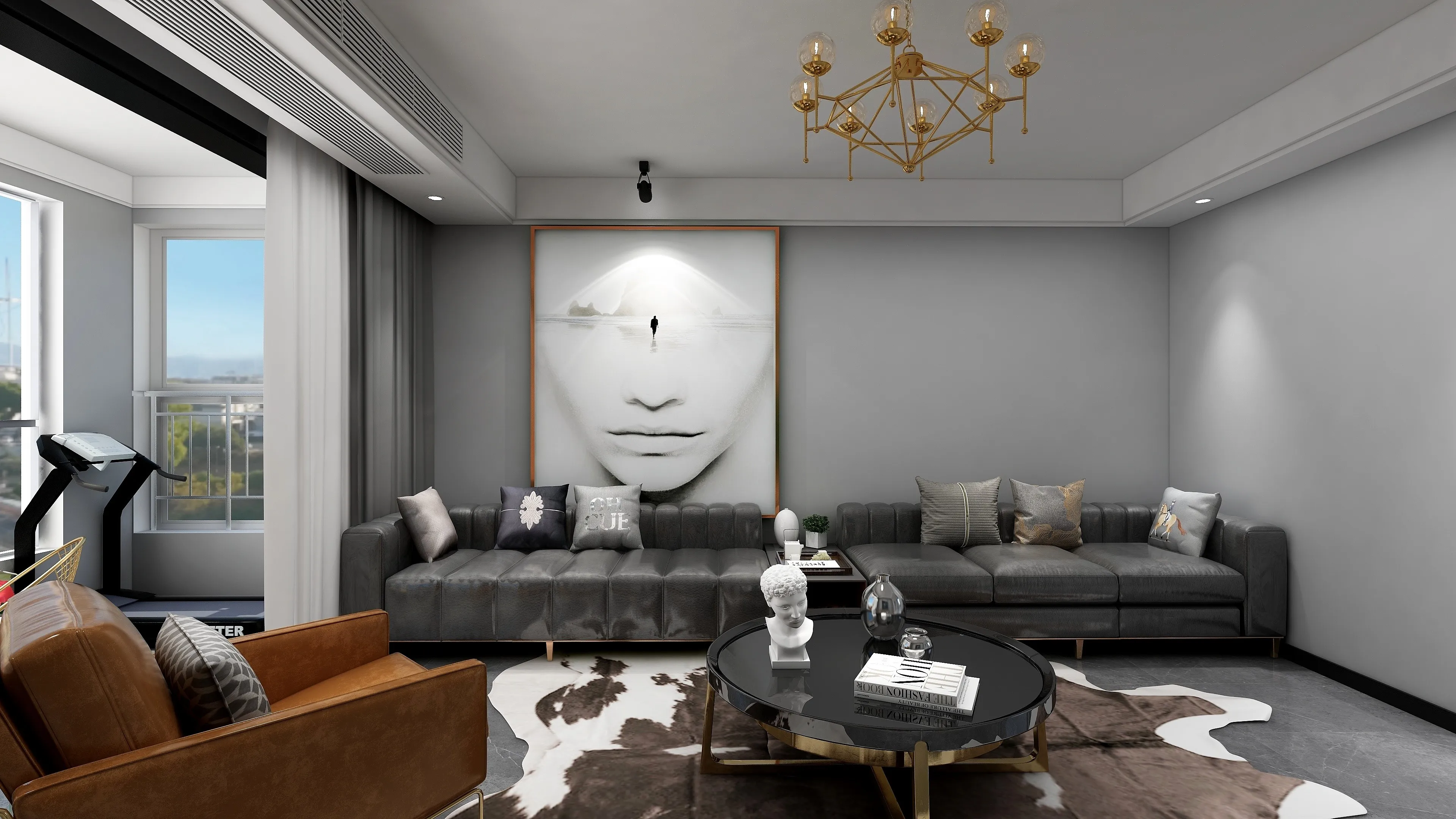 Modern living room with dark sofa, round coffee table, wall art and gold ceiling light