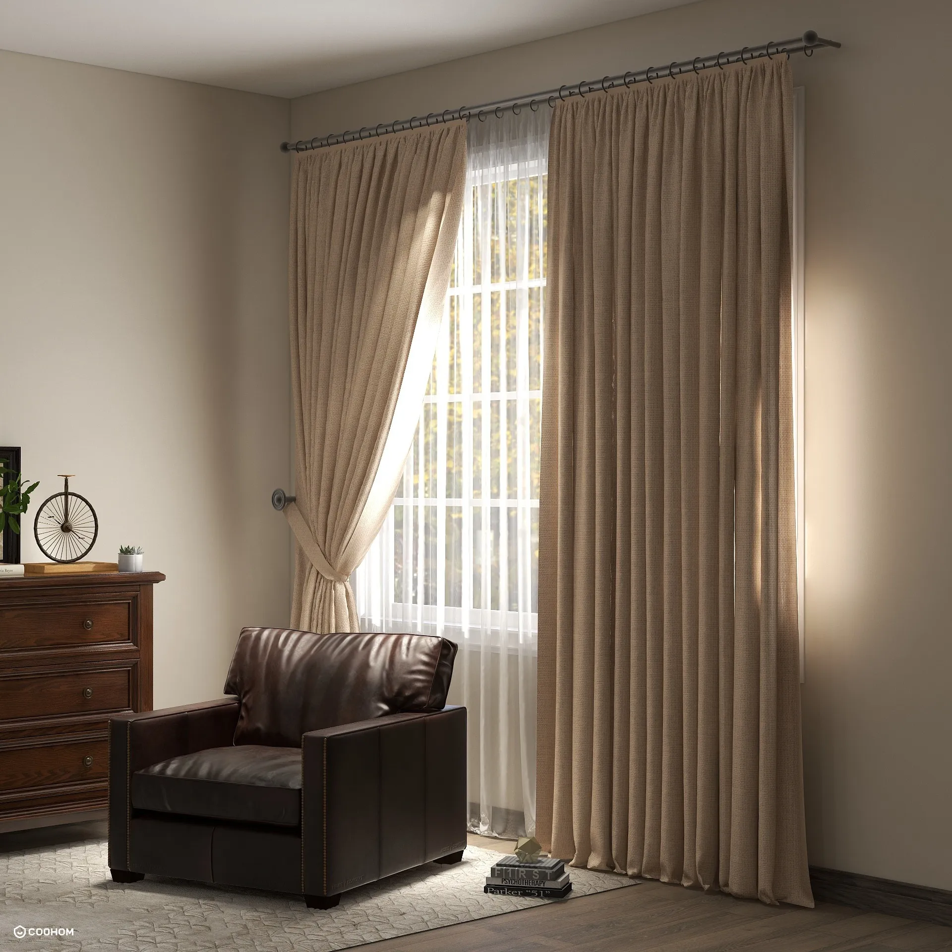 Brown leather armchair next to wooden cabinet with beige curtains and sunlight from the window