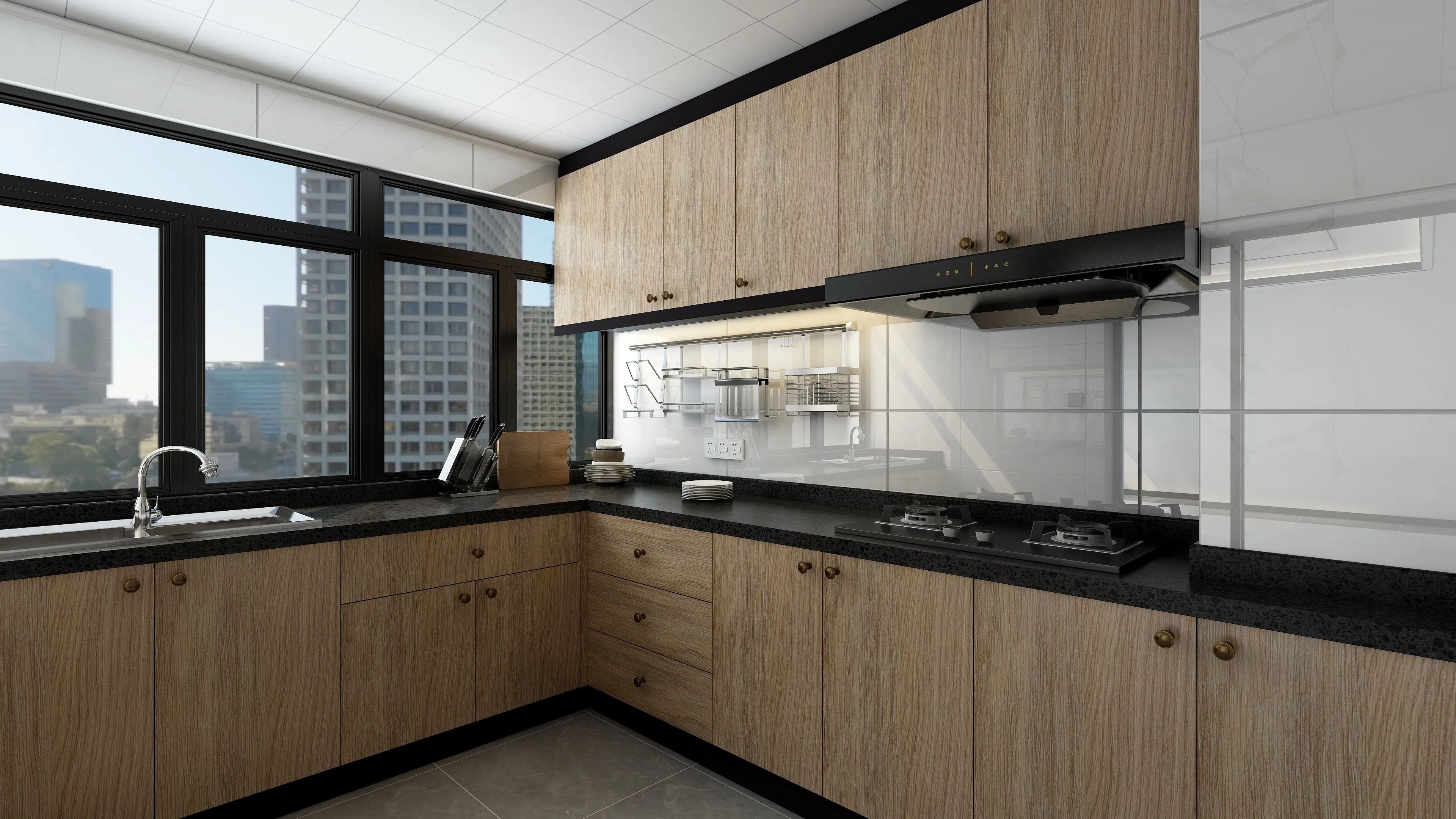 Interior design drawing showing kitchen with wood cabinets black countertop stove and large city windows