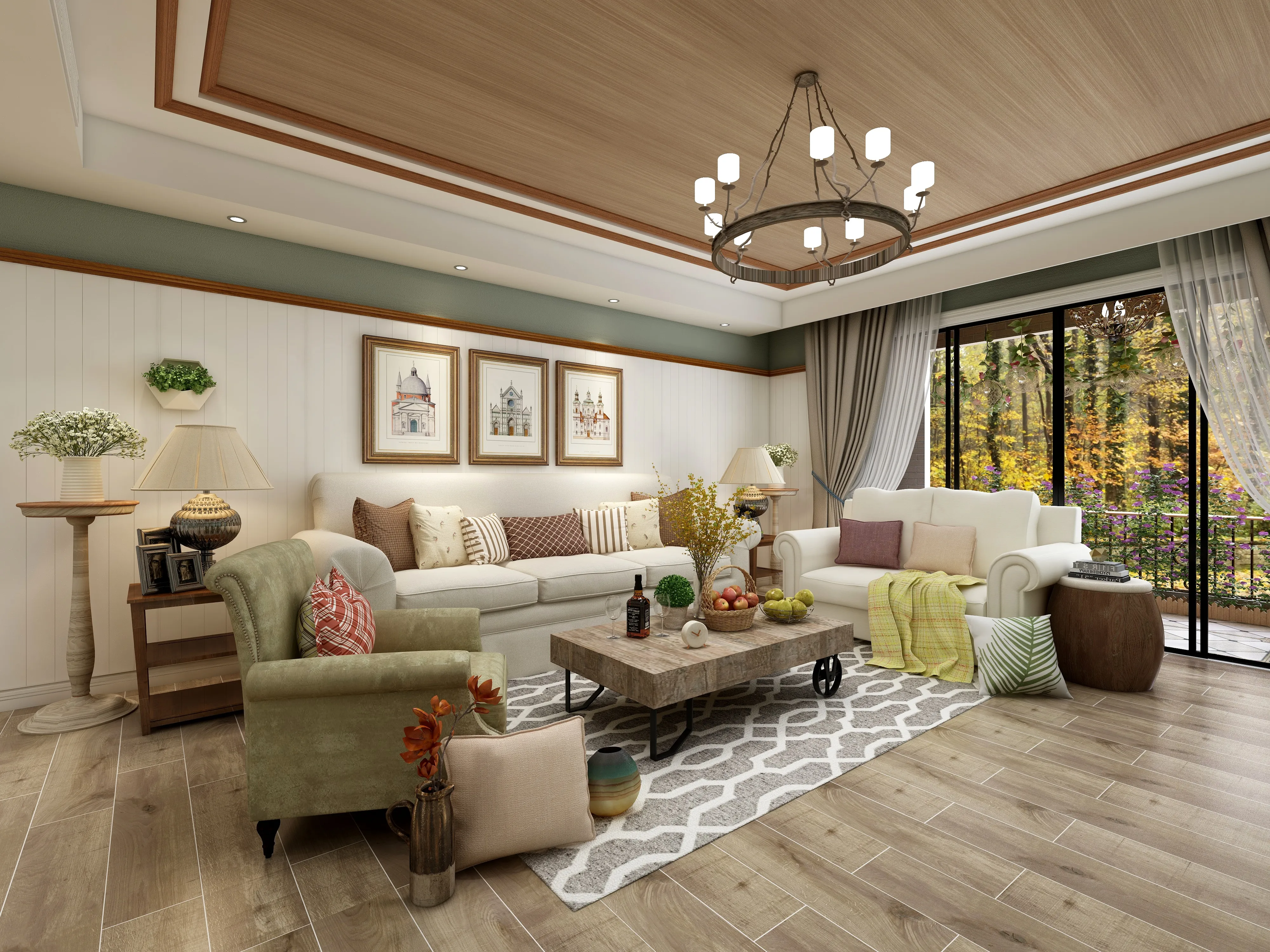 Modern living room with white sofas green armchair coffee table ceiling light and large windows