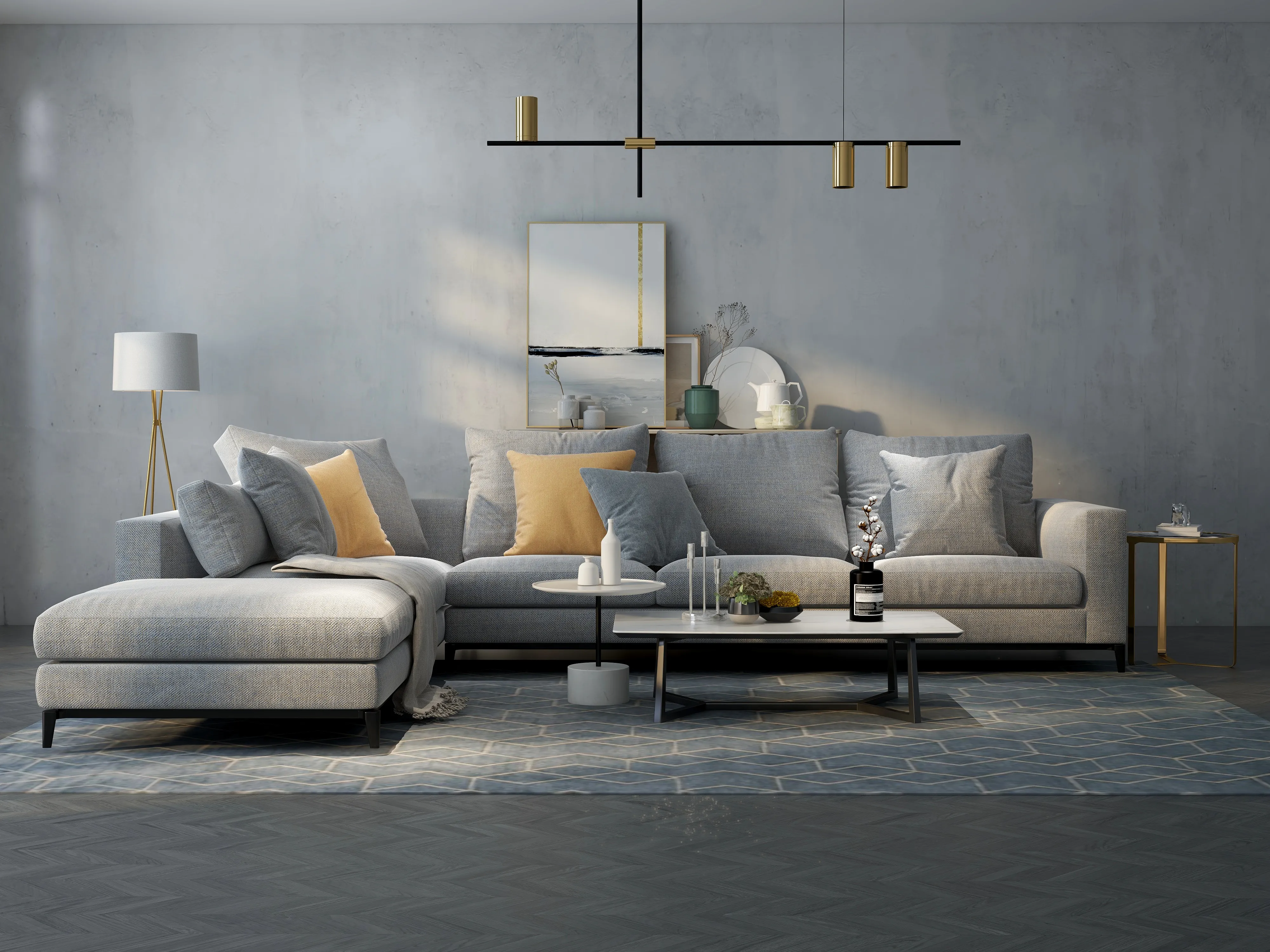 Modern living room with grey sofa yellow pillows coffee tables patterned rug and ceiling light