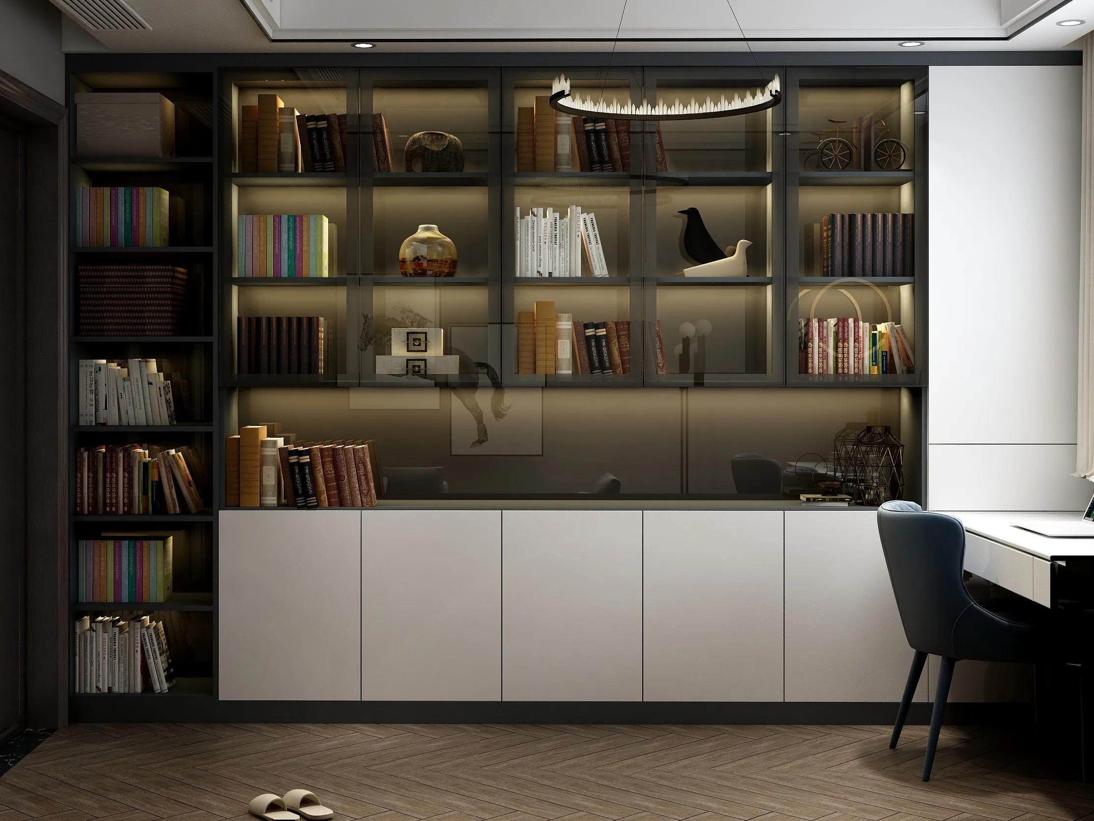 Modern home office with large lighted glass bookshelf, white desk, blue chair, and wood flooring