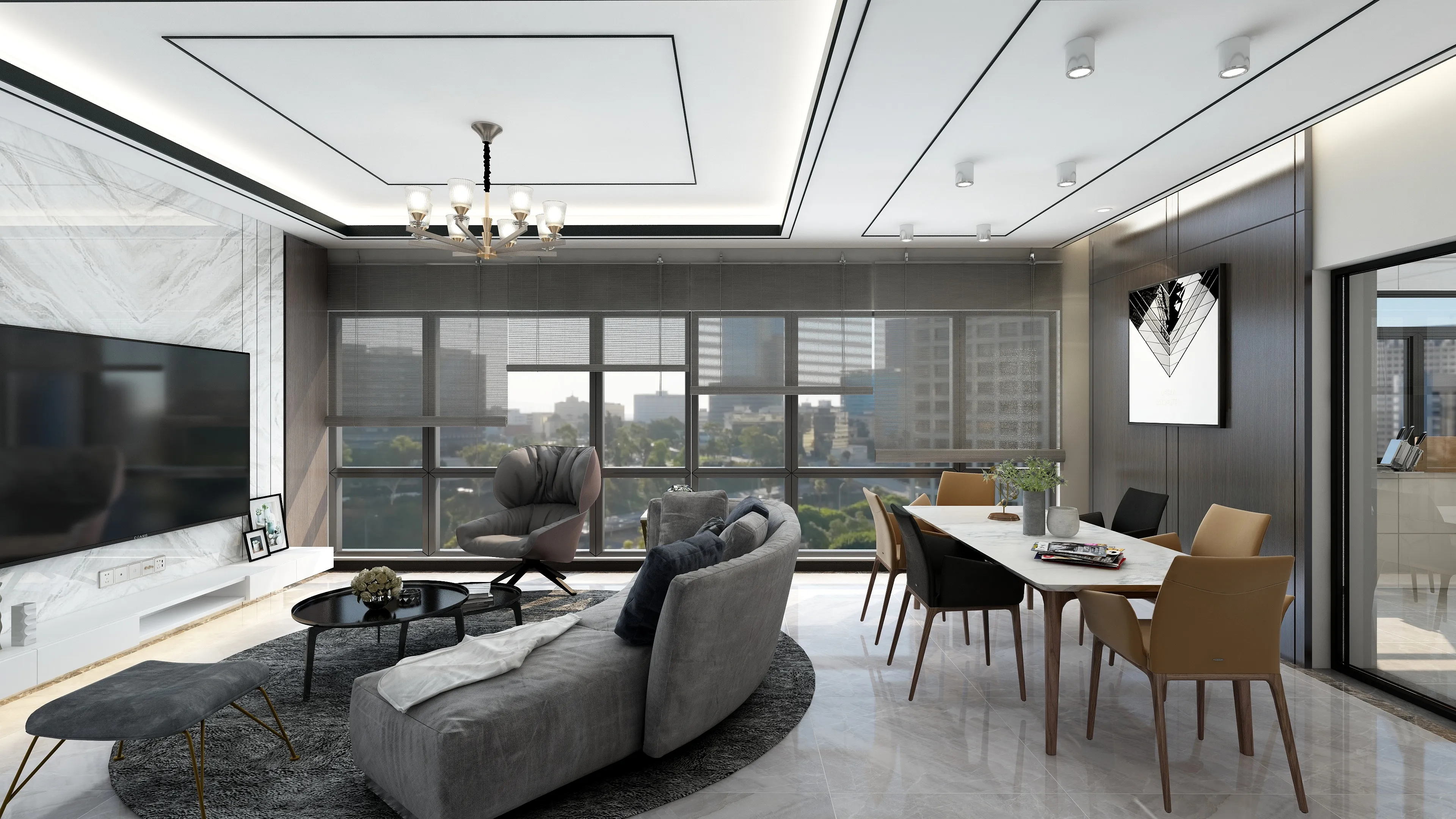 Modern living room with grey sofa marble dining table ceiling light and large windows view