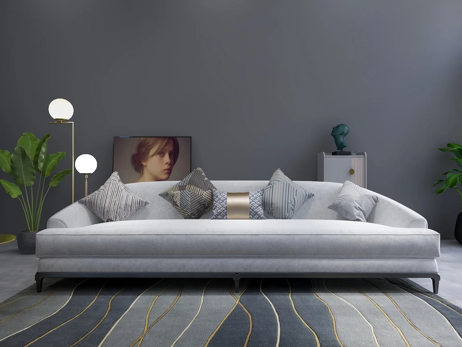 Modern grey sofa with patterned pillows on a wavy rug against a dark grey wall