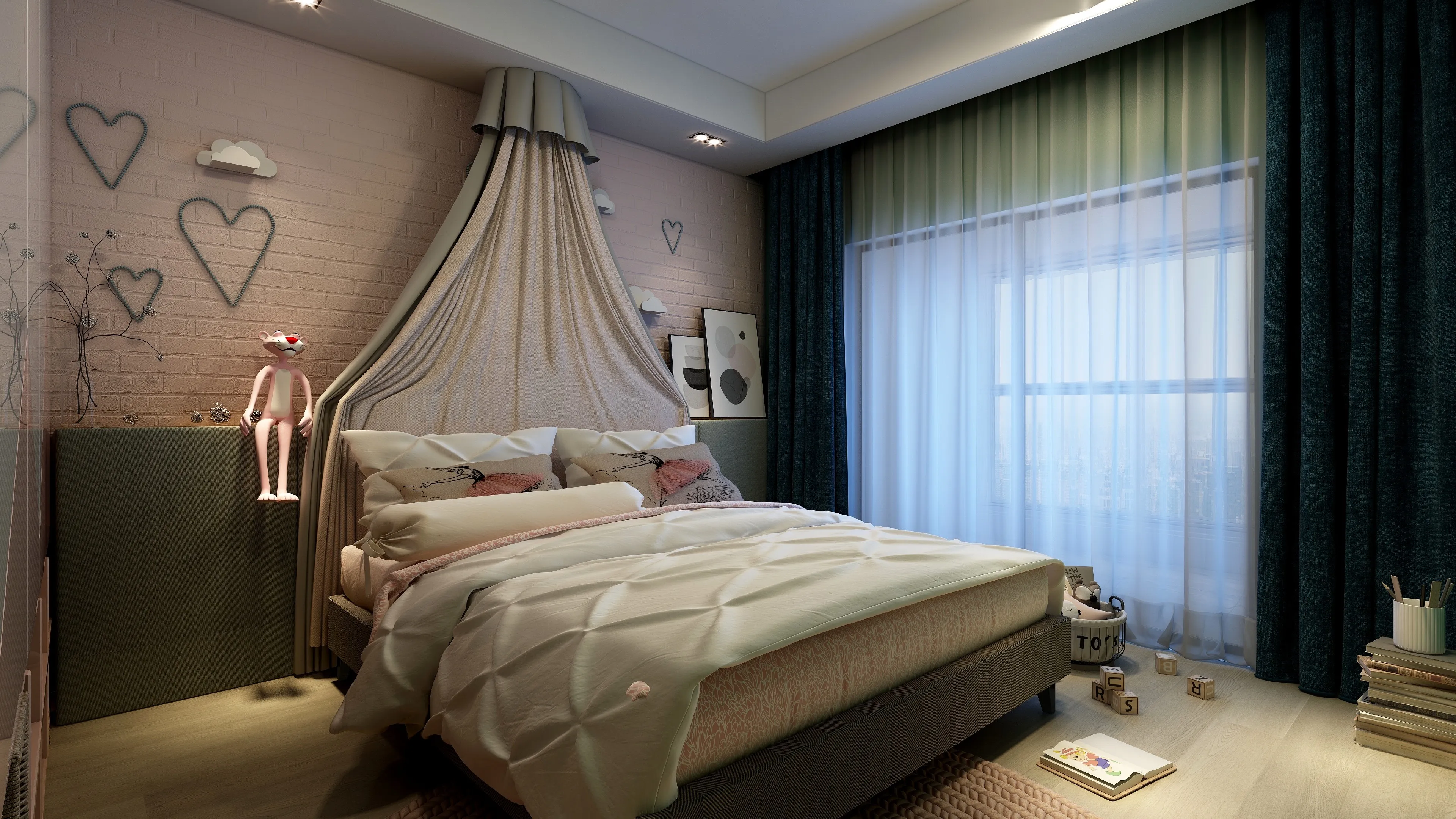 Pink girl bedroom with canopy bed, heart wall decor, blue curtains, and light wood floor
