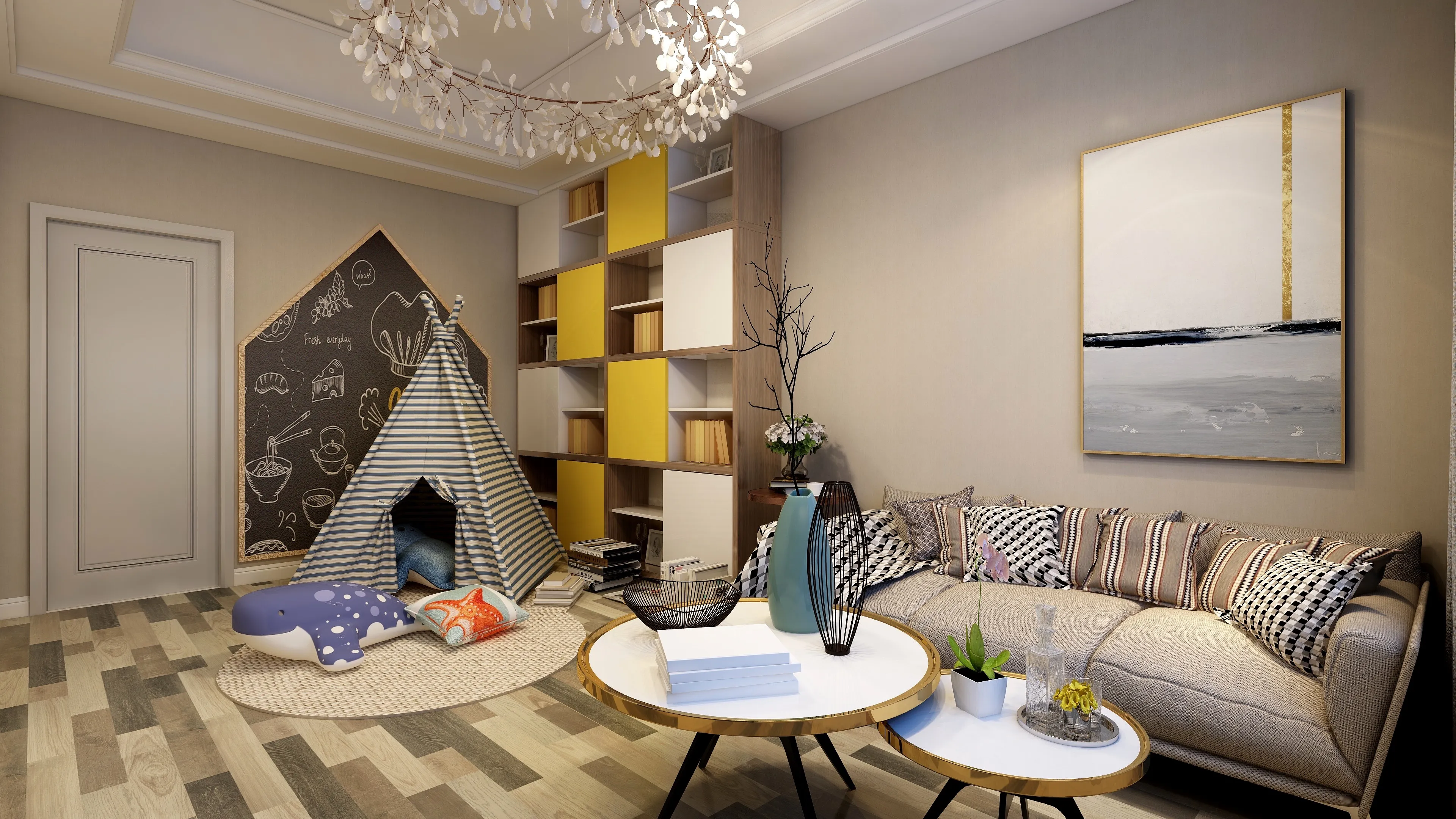 Modern kids room with striped tent chalkboard wall sofa coffee tables and yellow bookshelf unit