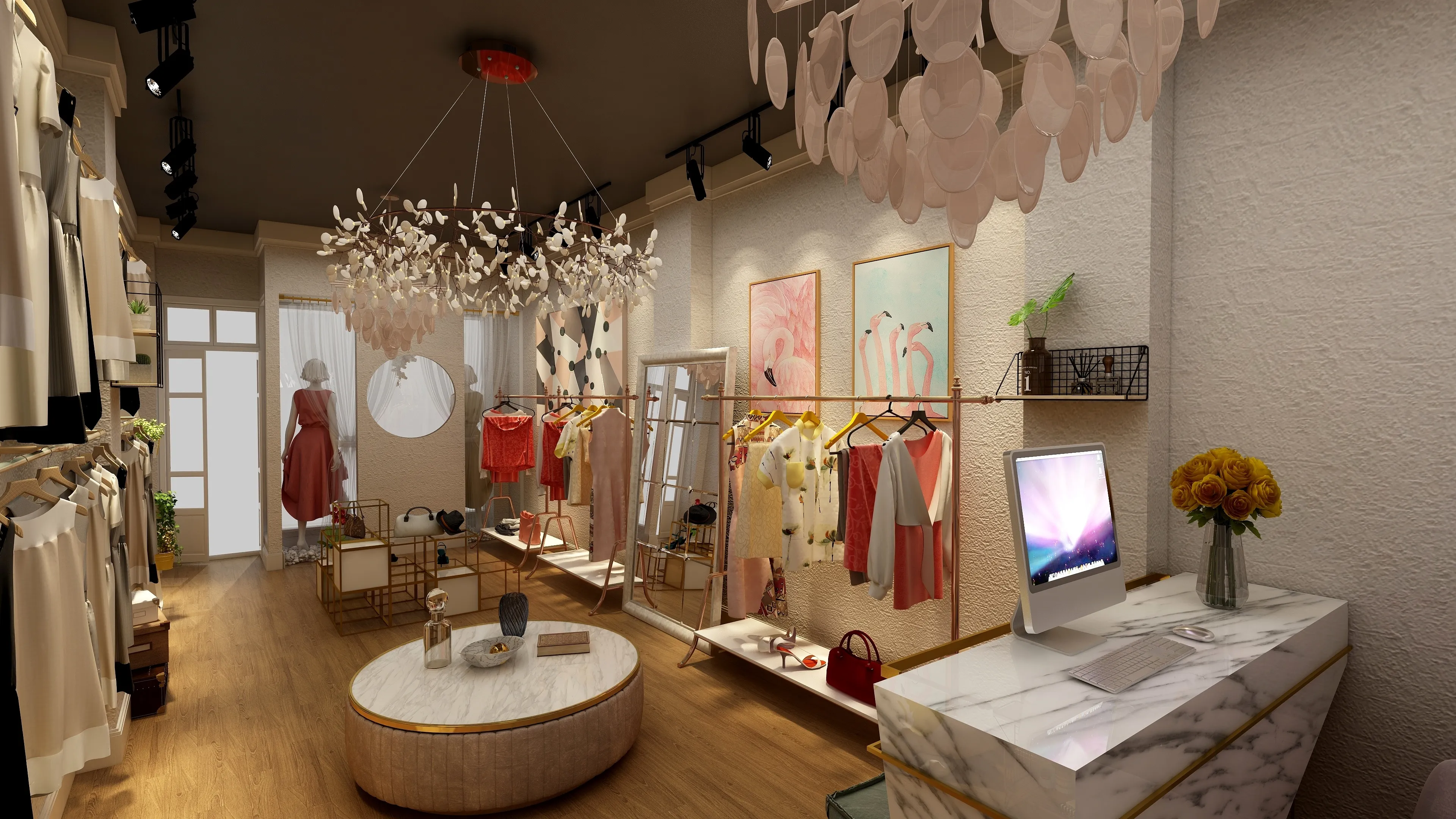 Modern clothing boutique interior with marble desk decorative ceiling lights garment racks and wood flooring