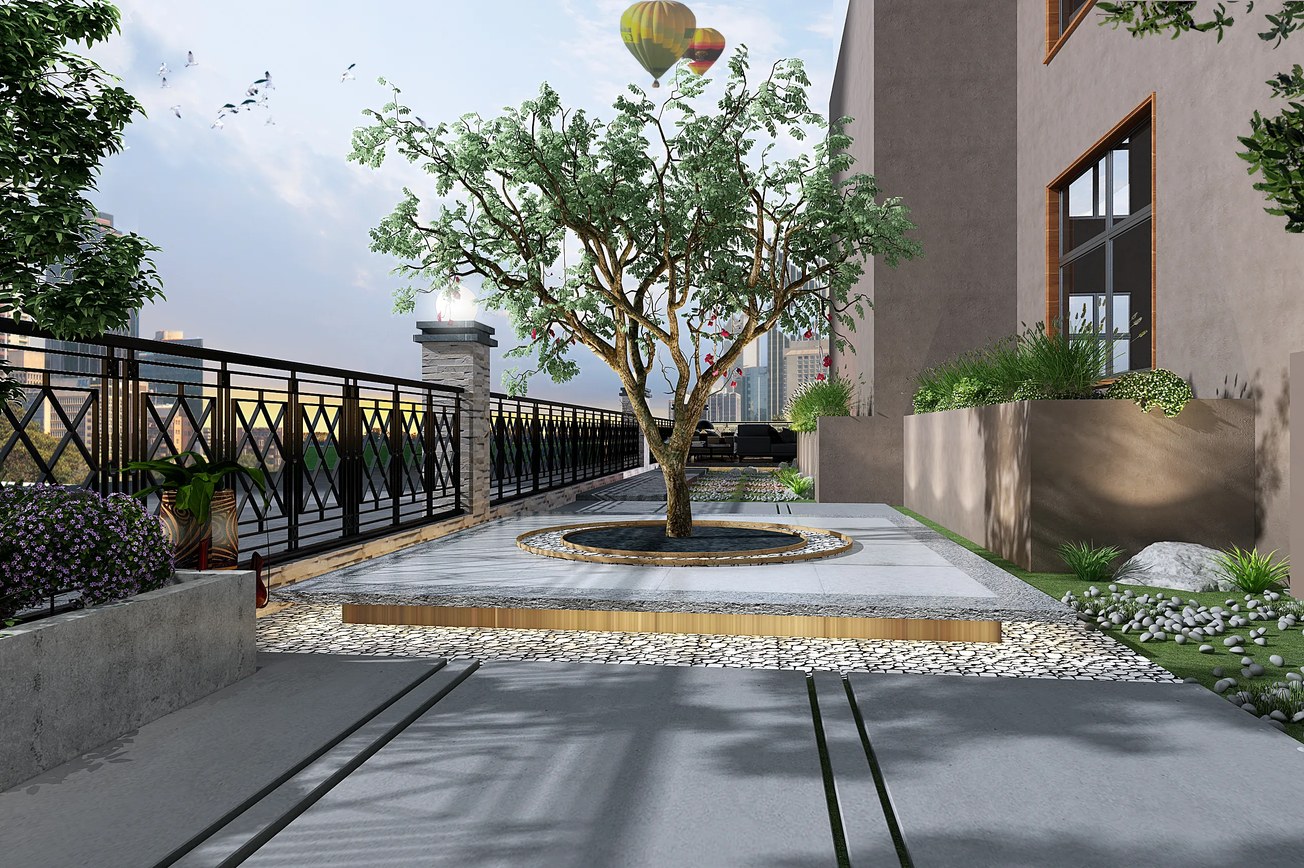 Modern rooftop terrace garden with a green tree, stone floor, black fence, and city background