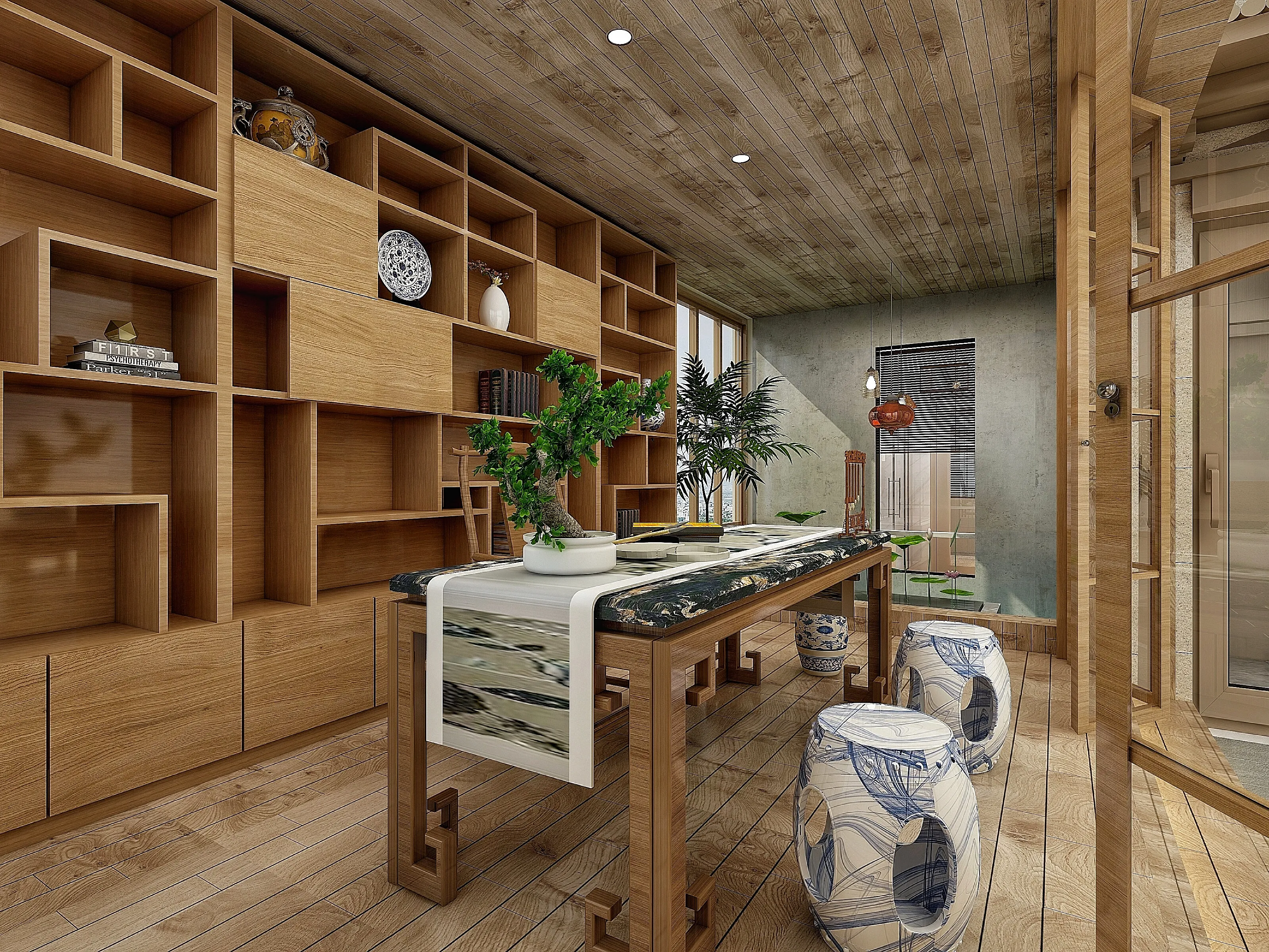 Interior design drawing of tea room with wooden wall cabinet, long table, and ceramic stools