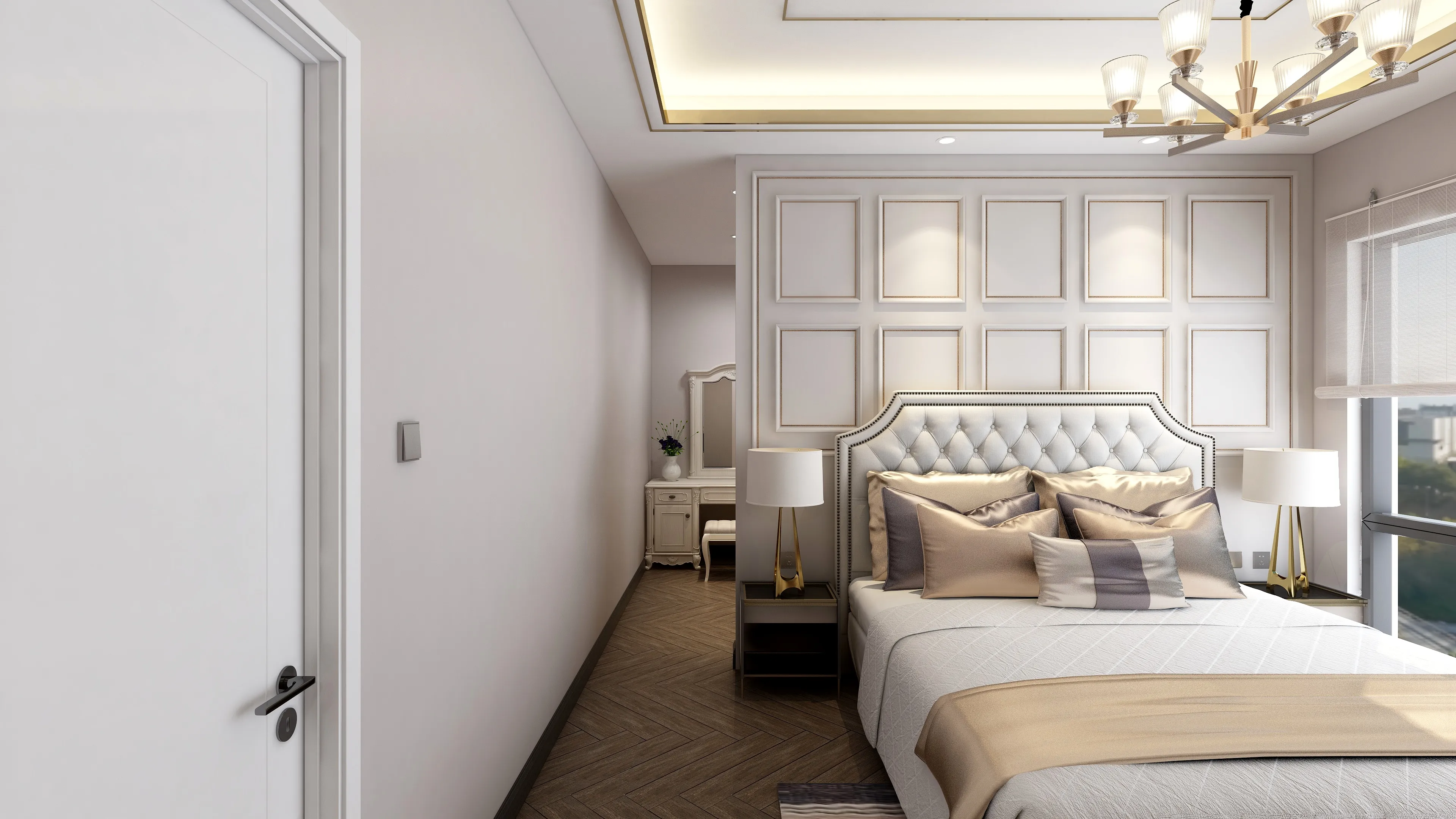 Modern bedroom with white wall panels large bed gold pillows ceiling light and two table lamps