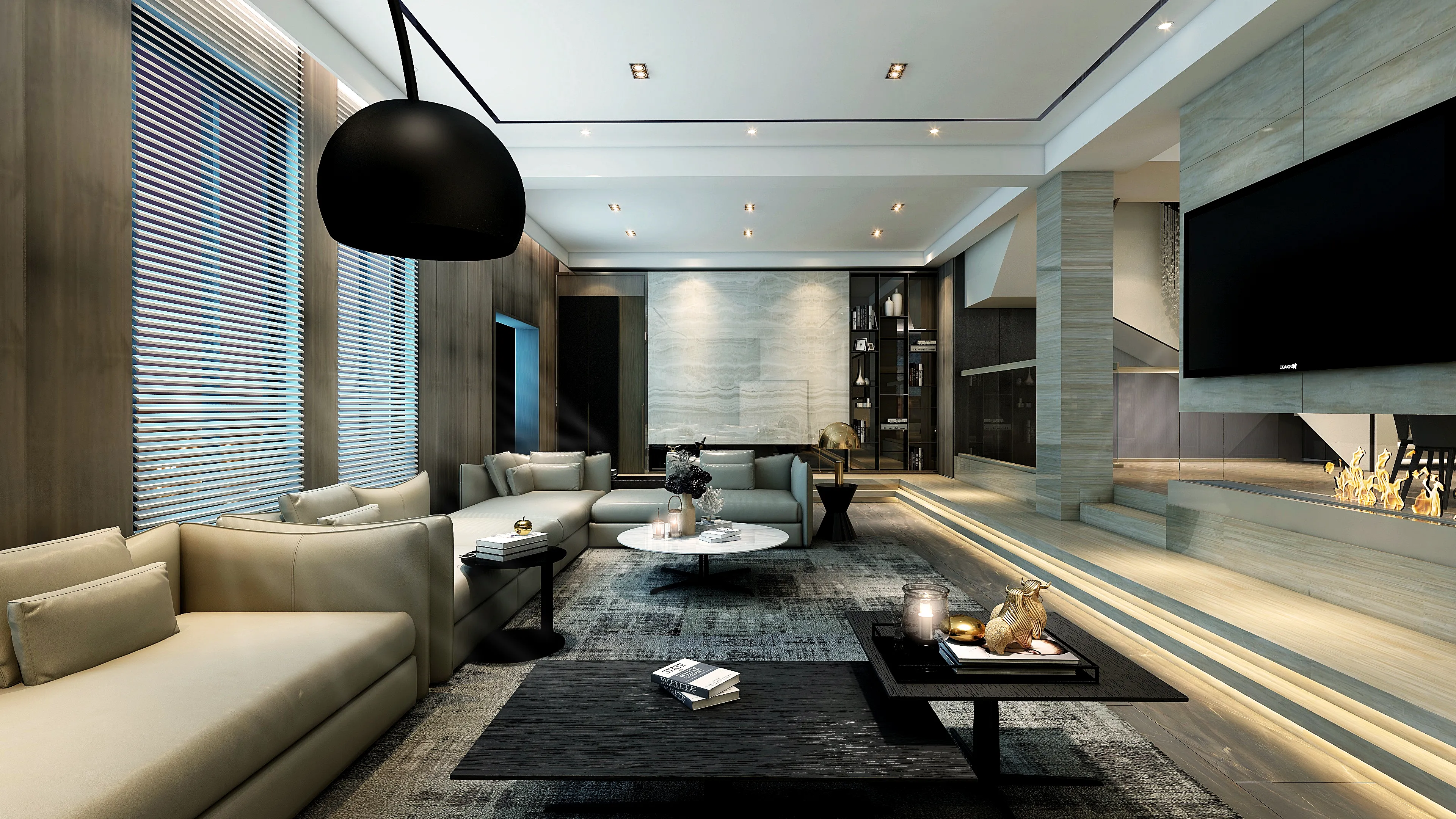 Modern interior design drawing of living room with grey sofa fireplace and black ceiling light
