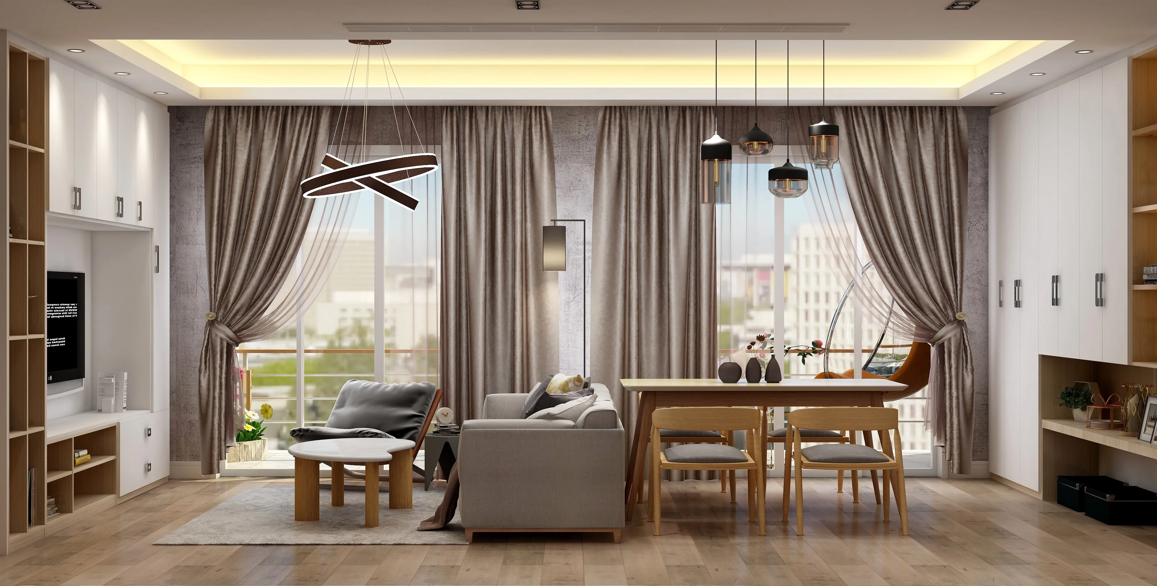 Modern living room with grey sofa dining table brown curtains ceiling lights and city view