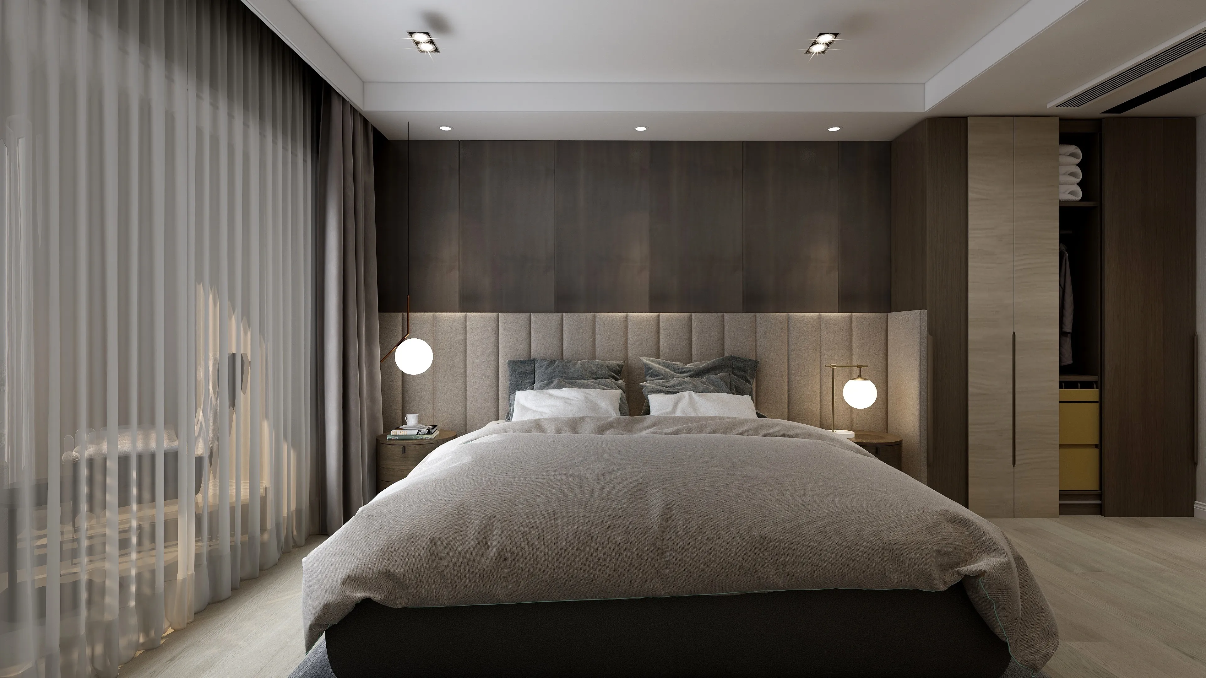 Modern bedroom showing large bed, dark wall panels, fabric headboard, bedside lights, and sheer curtains