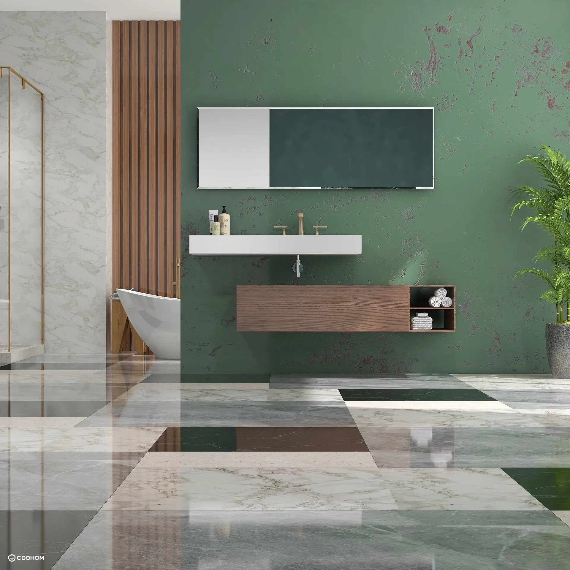Modern bathroom with green wall, floating wood cabinet, white sink, mirror, plant, and marble floor
