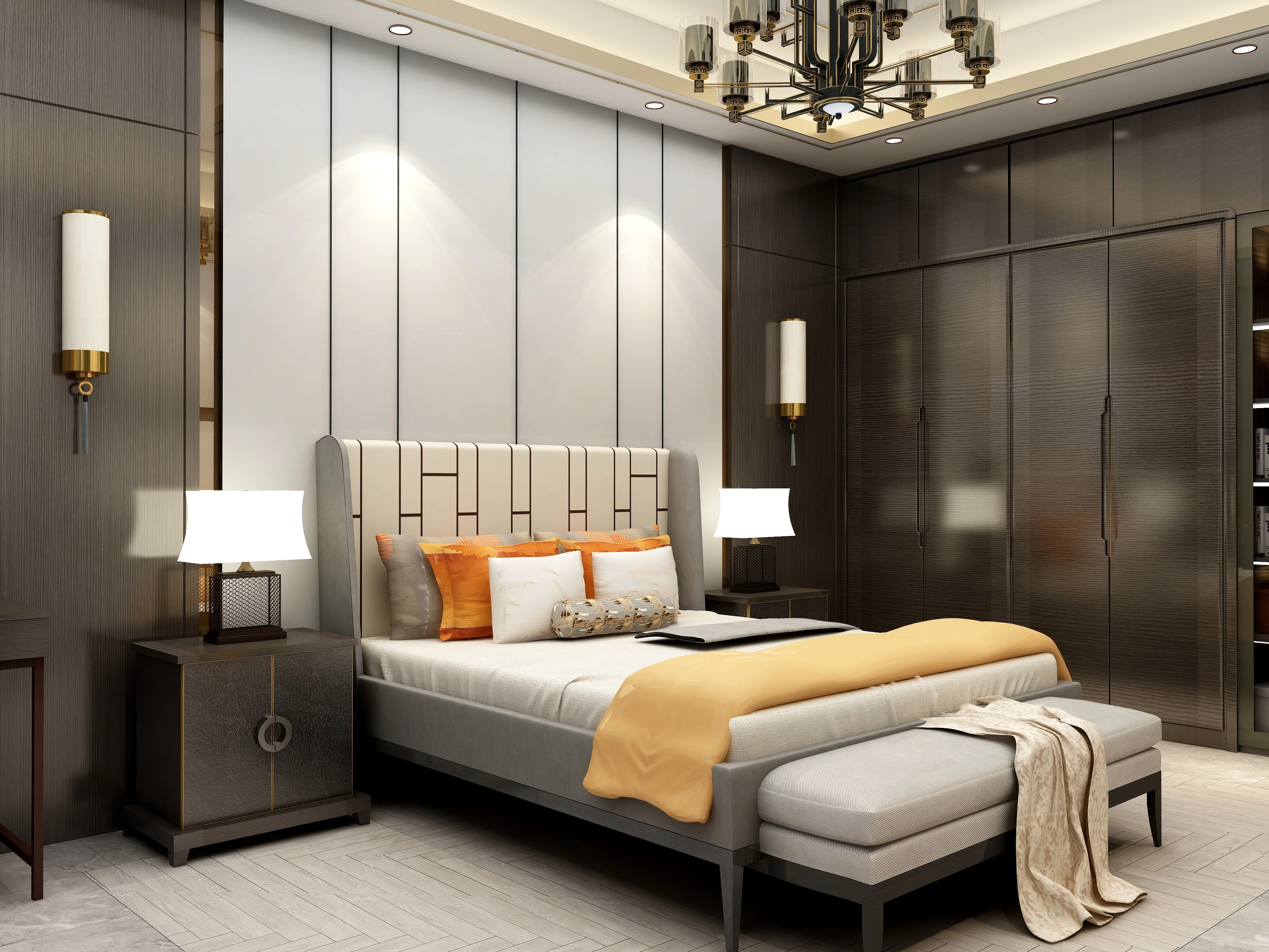 Modern bedroom with dark wood cabinets, large bed, orange pillows, ceiling light, and grey footrest