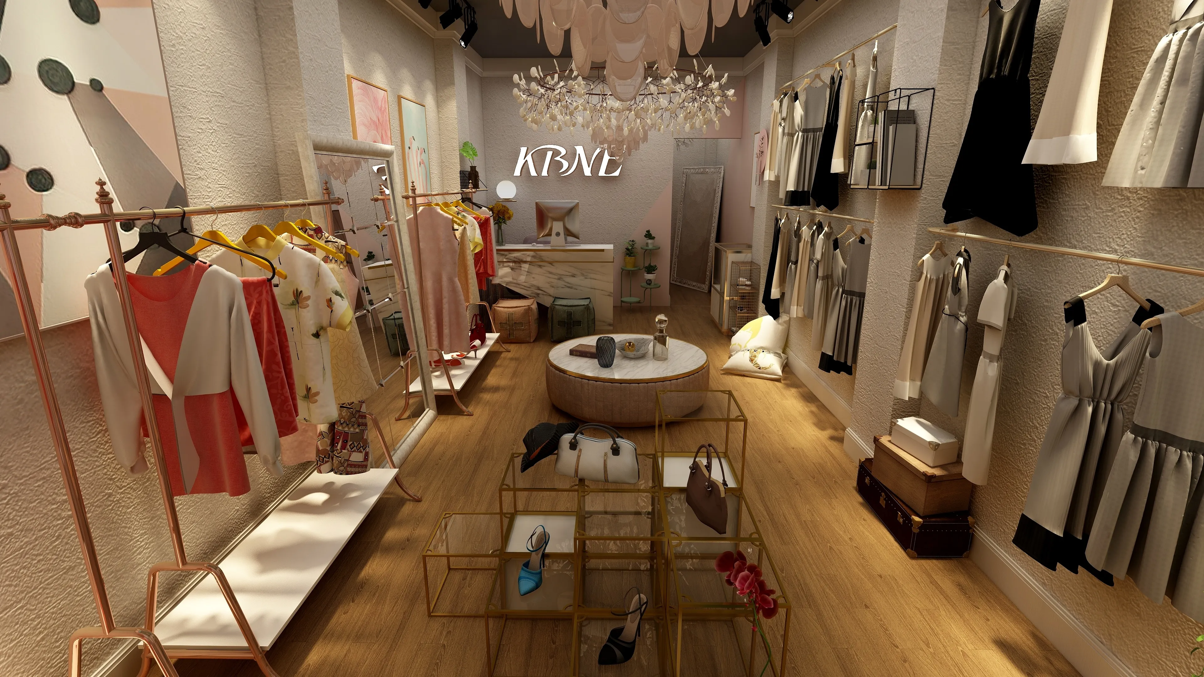 Boutique store interior with clothing on racks, wood flooring, large ceiling light, and handbags display