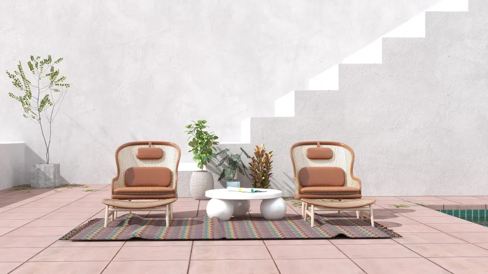Two brown chairs and footrests on a rug in front of white stairs and wall