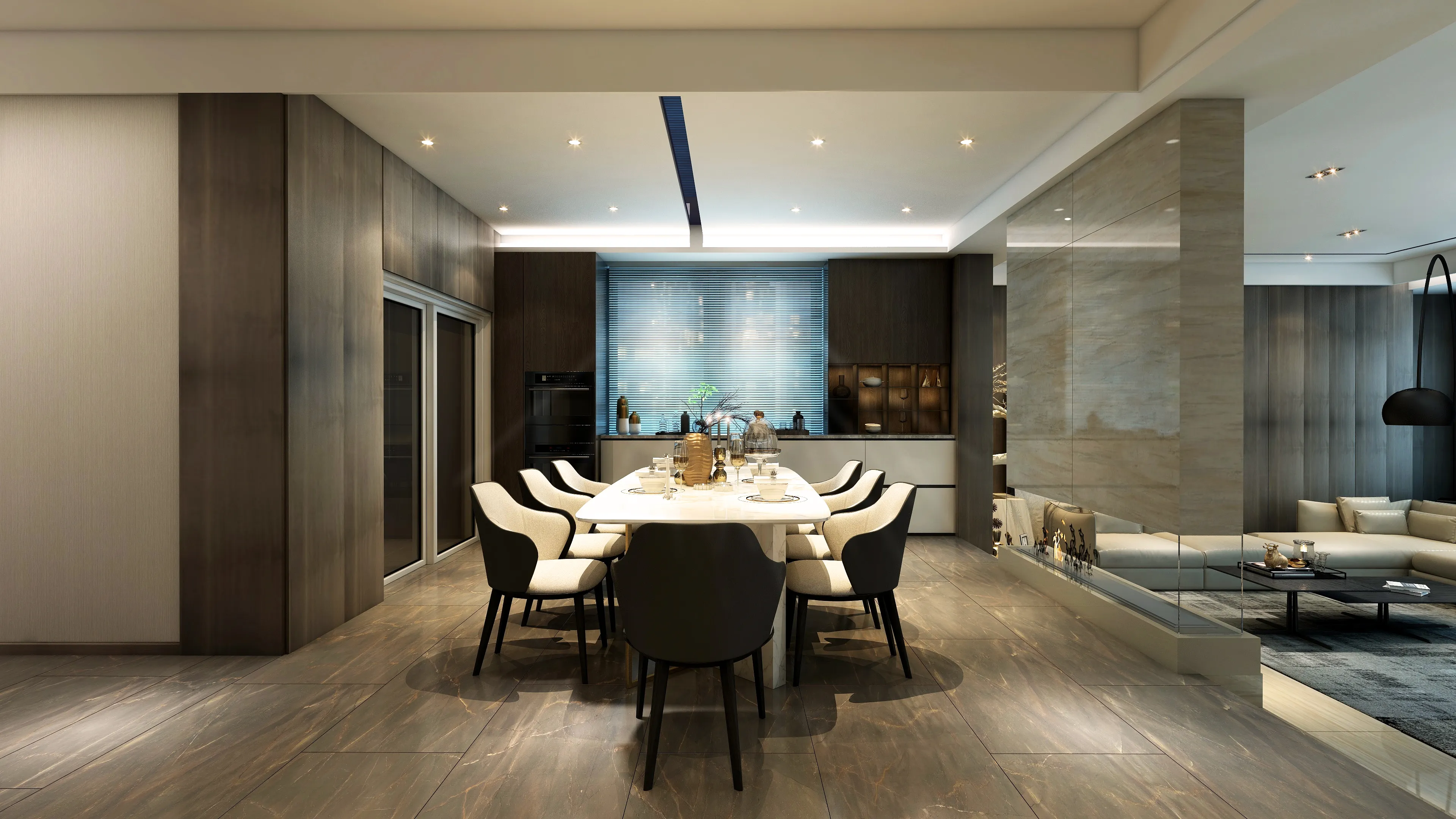 Modern dining room with white table black chairs wood walls cabinet and open living room