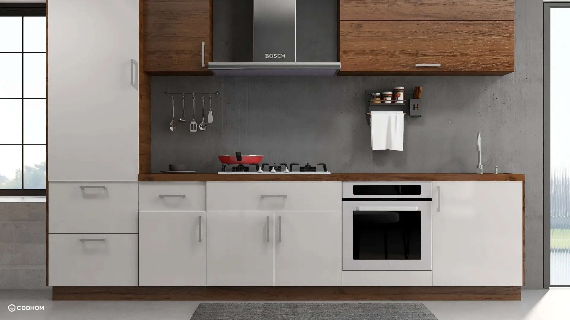 Modern kitchen interior design drawing featuring white cabinets, wood upper storage, oven, and concrete walls